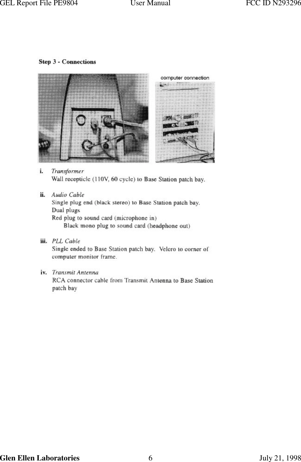 GEL Report File PE9804 User Manual FCC ID N293296Glen Ellen Laboratories 6 July 21, 1998