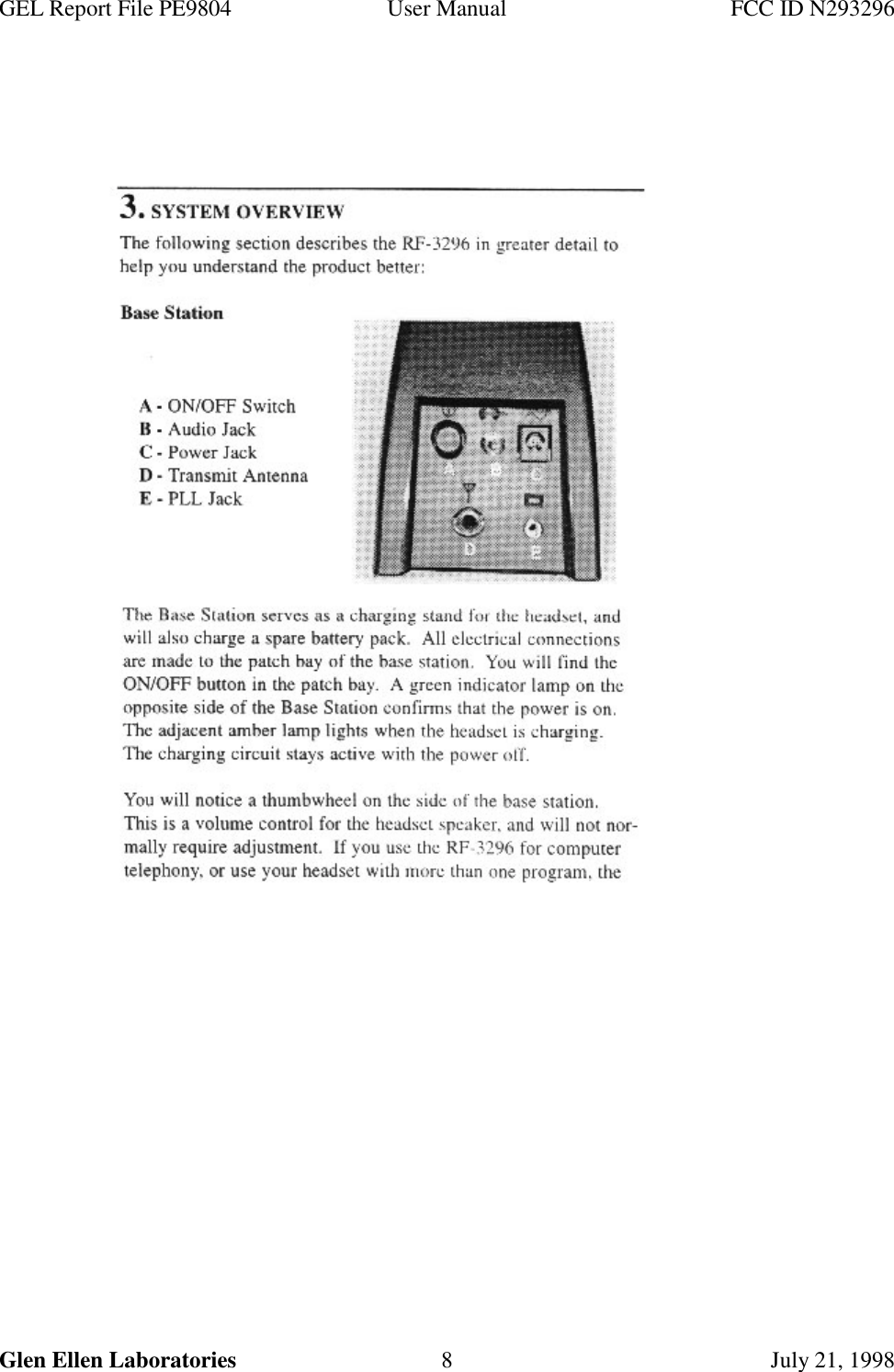 GEL Report File PE9804 User Manual FCC ID N293296Glen Ellen Laboratories 8 July 21, 1998