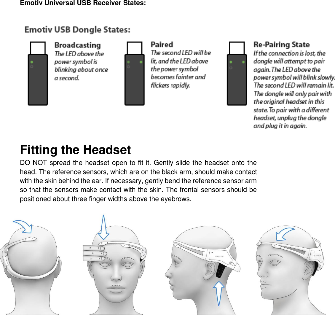 Emotiv Universal USB Receiver States:   Fitting the Headset DO NOT spread the headset open to fit it. Gently slide the headset onto the head. The reference sensors, which are on the black arm, should make contact with the skin behind the ear. If necessary, gently bend the reference sensor arm so that the sensors make contact with the skin. The frontal sensors should be positioned about three finger widths above the eyebrows.       