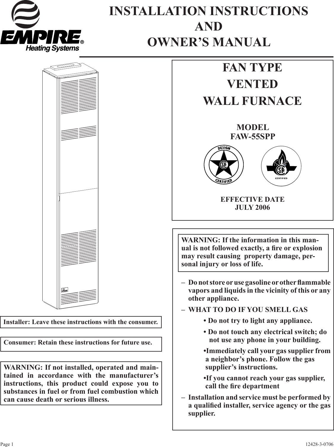 Empire Comfort Systems Faw 55spp Users Manual 12428 3 0706