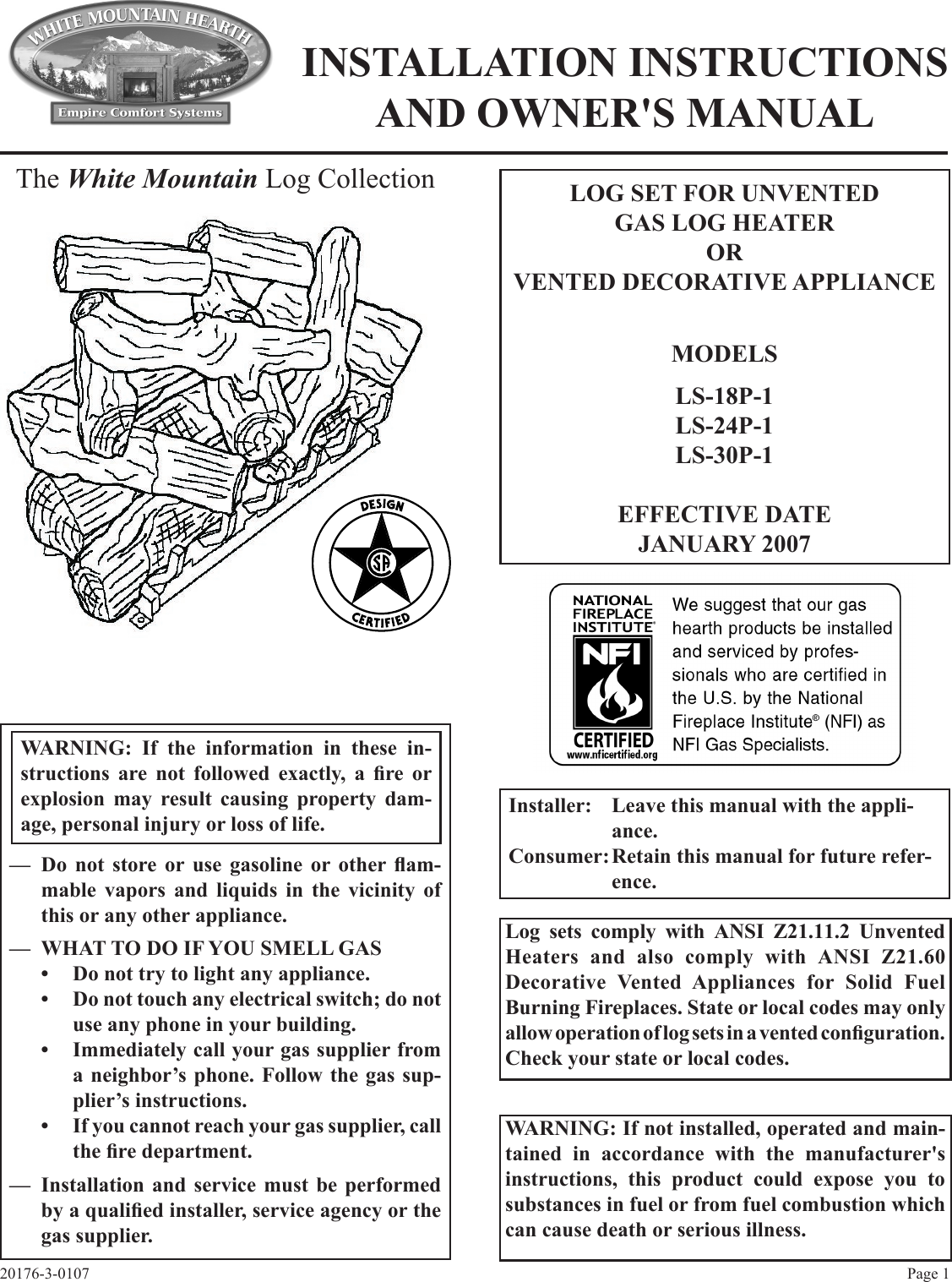 Page 1 of 12 - Empire-Comfort-Systems Empire-Comfort-Systems-Ls-18P-1-Users-Manual- 20176-3-0107 LS-(18,24,30)P-1 Ponderosa Logs  Empire-comfort-systems-ls-18p-1-users-manual