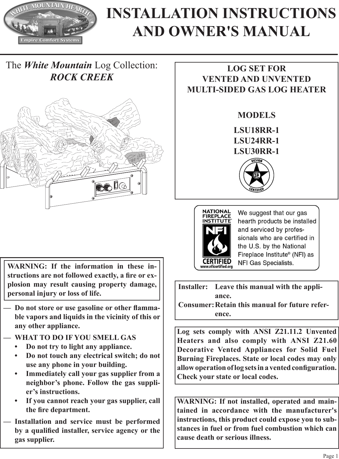 Empire Comfort Systems Lsu18rr 1 Users Manual 23370 1107 Lsu 18 24