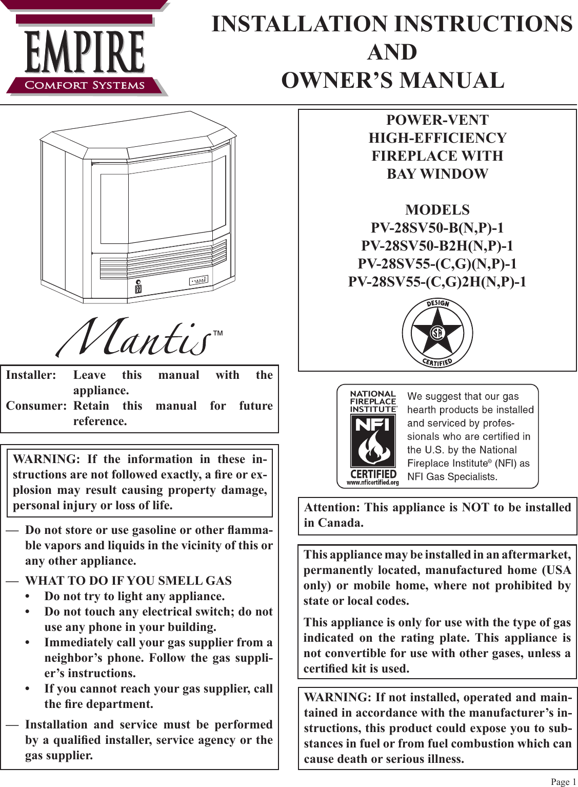 Empire Comfort Systems Mantis Pv 28Sv50 Bnp 1 Users Manual