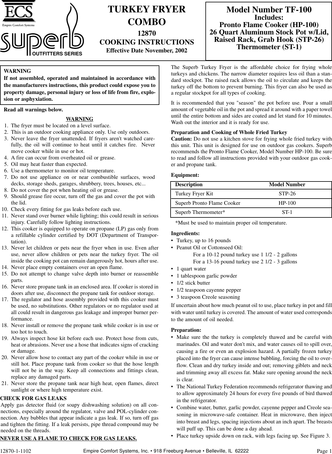 Empire Comfort Systems Tf 100 Users Manual
