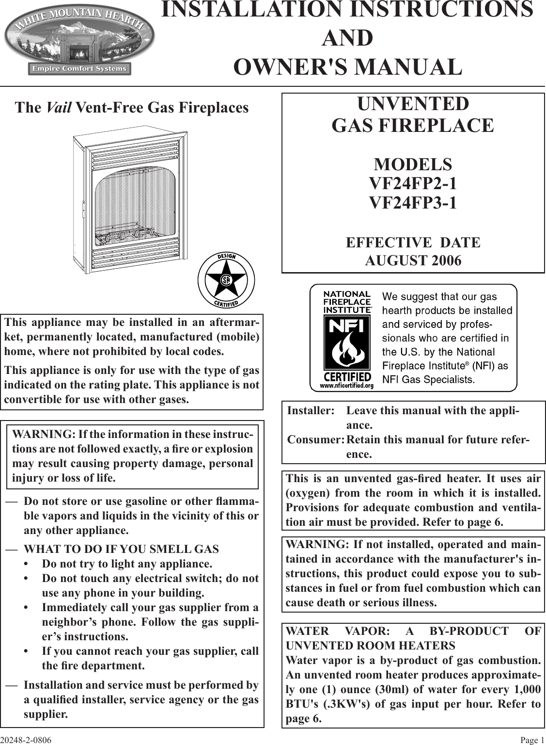 Empire Comfort Systems Vf24fp2 1 Users Manual 20248 2 0806 Vf24fp