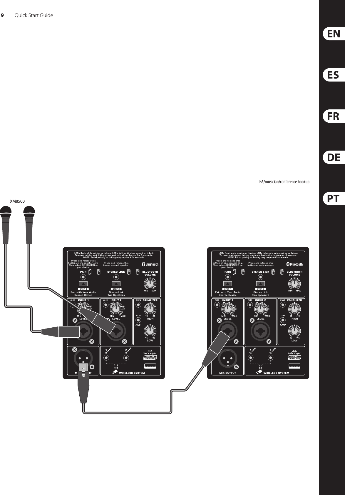 9Quick Start GuideEUROLIVE B115W/B112W Hook-upXM8500PA/musician/conference hookup