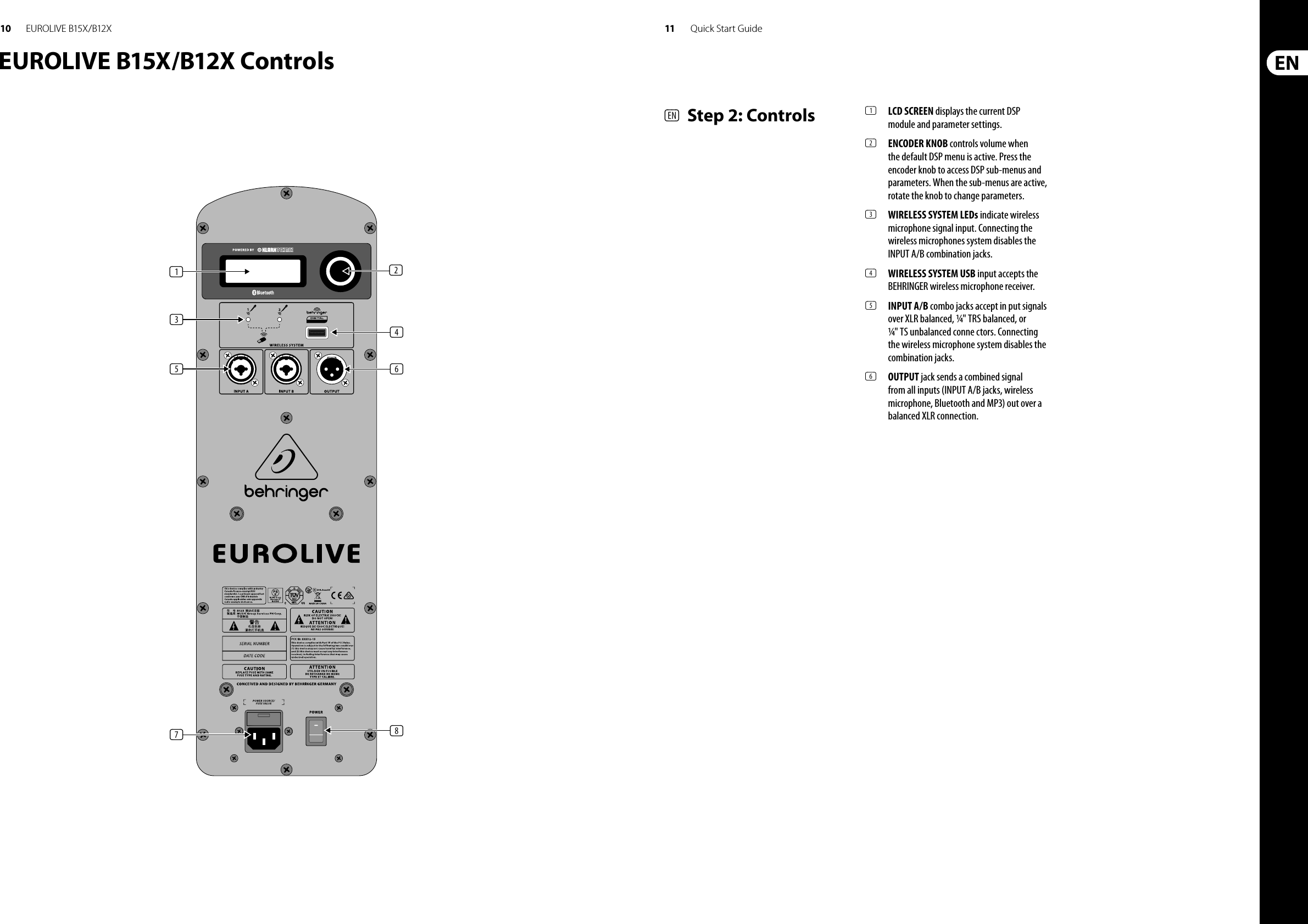 10 11EUROLIVE B15X/B12X Quick Start GuideEUROLIVE B15X/B12X Controls(EN)  Step 2: Controls (1)  LCD SCREEN displays the current DSP module and parameter settings.(2)  ENCODER KNOB controls volume when the default DSP menu is active. Press the encoder knob to access DSP sub-menus and parameters. When the sub-menus are active, rotate the knob to change parameters.(3)  WIRELESS SYSTEM LEDs indicate wireless microphone signal input. Connecting the wireless microphones system disables the INPUT A/B combination jacks.(4)  WIRELESS SYSTEM USB input accepts the BEHRINGER wireless microphone receiver.(5)  INPUT A/B combo jacks accept in put signals over XLR balanced, ¼&quot; TRS balanced, or ¼&quot; TS unbalanced conne ctors. Connecting the wireless microphone system disables the combination jacks.(6)  OUTPUT jack sends a combined signal from all inputs (INPUT A/B jacks, wireless microphone, Bluetooth and MP3) out over a balanced XLR connection.(1)(3)(5) (6)(4)(7) (8)(2)