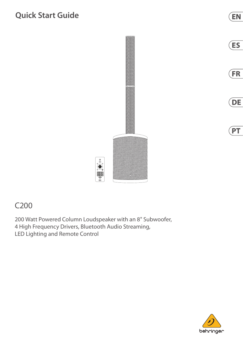 Quick Start GuideC200200 Watt Powered Column Loudspeaker with an 8&quot; Subwoofer, 4 High Frequency Drivers, Bluetooth Audio Streaming, LED Lighting and Remote Control