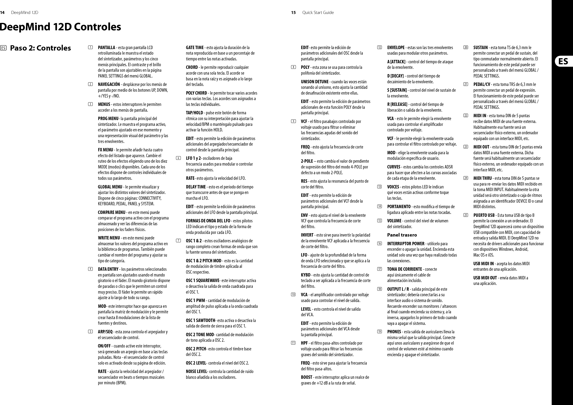 14 15DeepMind 12D Quick Start GuideDeepMind 12D Controles(ES)  Paso 2: Controles (1)  PANTALLA - esta gran pantalla LCD retroiluminada le muestra el estado del sintetizador, parámetros y los cinco menús principales. El contraste y el brillo de la pantalla son ajustables en la página PANEL SETTINGS del menú GLOBAL.(2)  NAVEGACIÓN - desplácese por los menús de pantalla por medio de los botones UP, DOWN, +/YES y -/NO. (3)  MENUS - estos interruptores le permiten acceder a los menús de pantalla.PROG MENU- la pantalla principal del sintetizador. Le muestra el programa activo, el parámetro ajustado en ese momento y una representación visual del parámetro y las tres envolventes.FX MENU - le permite añadir hasta cuatro efecto del listado que aparece. Cambie el ruteo de los efectos eligiendo uno de los diez MODE (modos) disponibles. Cada uno de los efectos dispone de controles individuales de todos sus parámetros. GLOBAL MENU - le permite visualizar y ajustar los distintos valores del sintetizador. Dispone de cinco páginas: CONNECTIVITY, KEYBOARD, PEDAL, PANEL y SYSTEM. COMPARE MENU - en este menú puede comparar el programa activo con el programa almacenado y ver las diferencias de las posiciones de los faders físicos.WRITE MENU - en este menú puede almacenar los valores del programa activo en la biblioteca de programas. También puede cambiar el nombre del programa y ajustar su tipo de categoría. (4)  DATA ENTRY - los parámetros seleccionados en pantalla son ajustados usando el mando giratorio o el fáder. El mando giratorio dispone de paradas o clics que le permiten un control muy preciso. El fáder le permite un rápido ajuste a lo largo de todo su rango. MOD- este interruptor hace que aparezca en pantalla la matriz de modulación y le permite crear hasta 8 modulaciones de la lista de fuentes y destinos.(5)  ARP/SEQ - esta zona controla el arpegiador y el secuenciador de control.ON/OFF - cuando active este interruptor, será generado un arpegio en base a las teclas pulsadas. Nota - el secuenciador de control solo es activado desde su página de edición.RATE - ajusta la velocidad del arpegiador / secuenciador en beats o tiempos musicales por minuto (BPM).GATE TIME - esto ajusta la duración de la nota reproducida en base a un porcentaje de tiempo entre las notas activadas.CHORD - le permite reproducir cualquier acorde con una sola tecla. El acorde se basa en la nota raíz y es asignado a lo largo del teclado.POLY CHORD - le permite tocar varios acordes con varias teclas. Los acordes son asignados a las teclas individuales.TAP/HOLD - pulse este botón de forma rítmica con su interpretación para ajustar la velocidad/BPM o manténgalo pulsado para activar la función HOLD.EDIT - esto permite la edición de parámetros adicionales del arpegiador/secuenciador de control desde la pantalla principal.(6)  LFO 1 y 2- osciladores de baja frecuencia usados para modular o controlar otros parámetros.RATE- esto ajusta la velocidad del LFO.DELAY TIME - esto es el periodo del tiempo que transcurre antes de que se ponga en marcha el LFO.EDIT - esto permite la edición de parámetros adicionales del LFO desde la pantalla principal.FORMAS DE ONDA DEL LFO - estos pilotos LED indican el tipo y estado de la forma de onda producida por cada LFO.(7)  OSC 1 &amp; 2 - estos osciladores analógicos de rango completo crean formas de onda que son la fuente sonora del sintetizador.OSC 1 &amp; 2 PITCH MOD - esto es la cantidad de modulación de timbre aplicada al OSC respectivo.OSC 1 SQUAREWAVE- este interruptor activa o desactiva la salida de onda cuadrada para el OSC 1.OSC 1 PWM - cantidad de modulación de amplitud de pulso aplicada a la onda cuadrada del OSC 1.OSC 1 SAWTOOTH- esto activa o desactiva la salida de diente de sierra para el OSC 1.OSC 2 TONE MOD- cantidad de modulación de tono aplicada a OSC 2.OSC 2 PITCH- esto controla el timbre base del OSC 2.OSC 2 LEVEL- controla el nivel del OSC 2.NOISE LEVEL- controla la cantidad de ruido blanco añadida a los osciladores.EDIT- esto permite la edición de parámetros adicionales del OSC desde la pantalla principal.(8)  POLY - esta zona se usa para controla la polifonía del sintetizador.UNISON DETUNE - cuando las voces están sonando al unísono, esto ajusta la cantidad de desa nación existente entre ellas.EDIT - esto permite la edición de parámetros adicionales de esta función POLY desde la pantalla principal.(9)  VCF - el  ltro pasabajos controlado por voltaje usado para  ltrar o eliminar las frecuencias agudas del sonido del sintetizador.FREQ - esto ajusta la frecuencia de corte del  ltro.2-POLE – esto cambia el valor de pendiente de supresión del  ltro del modo 4-POLE por defecto a un modo 2-POLE.RES - esto ajusta la resonancia del punto de corte del  ltro.EDIT - esto permite la edición de parámetros adicionales del VCF desde la pantalla principal.ENV - esto ajusta el nivel de la envolvente VCF que controla la frecuencia de corte del  ltro.INVERT - esto sirve para invertir la polaridad de la envolvente VCF aplicada a la frecuencia de corte del  ltro.LFO - ajuste de la profundidad de la forma de onda LFO seleccionada y que se aplica a la frecuencia de corte del  ltro.KYBD - esto ajusta la cantidad de control de teclado a ser aplicada a la frecuencia de corte del  ltro.(10)  VCA - el ampli cador controlado por voltaje usado para controlar el nivel de salida.LEVEL - esto controla el nivel de salida del VCA.EDIT - esto permite la edición de parámetros adicionales del VCA desde la pantalla principal.(11)  HPF - el  ltro pasa-altos controlado por voltaje usado para  ltrar las frecuencias graves del sonido del sintetizador. FREQ - esto sirve para ajustar la frecuencia del  ltro pasa-altos.BOOST - este interruptor aplica un realce de graves de +12 dB a la ruta de señal.(12)  ENVELOPE - estas son las tres envolventes usadas para modular otros parámetros.A [ATTACK] - control del tiempo de ataque de la envolvente.D [DECAY] - control del tiempo de decaimiento de la envolvente.S [SUSTAIN] - control del nivel de sustain de la envolvente.R [RELEASE] - control del tiempo de liberación o salida de la envolvente.VCA - esto le permite elegir la envolvente usada para controlar el ampli cador controlado por voltaje.VCF - le permite elegir la envolvente usada para controlar el  ltro controlado por voltaje.MOD - elige la envolvente usada para la modulación especí ca de usuario.CURVES - estos cambia los controles ADSR para hacer que afecten a las curvas asociadas de cada etapa de la envolvente.(13)  VOICES - estos pilotos LED le indican qué voces están activas conforme toque las teclas.(14)  PORTAMENTO - esto modi ca el tiempo de ligadura aplicado entre las notas tocadas.(15)  VOLUME - control del nivel de volumen del sintetizador.Panel trasero(16)  INTERRUPTOR POWER - utilícelo para encender o apagar la unidad. Encienda esta unidad solo una vez que haya realizado todas las conexiones.(17)  TOMA DE CORRIENTE - conecte aquí únicamente el cable de alimentación incluido. (18)  OUTPUT L / R - salida principal de este sintetizador; debería conectarlas a su interface audio o sistema de sonido. Recuerde encender sus monitores / altavoces al  nal cuando encienda su sistema y, a la inversa, apagarlos lo primero de todo cuando vaya a apagar el sistema.(19)  PHONES - esta salida de auriculares lleva la misma señal que la salida principal. Conecte aquí unos auriculares y asegúrese de que el control de volumen esté al mínimo cuando encienda y apague el sintetizador.(20)  SUSTAIN - esta toma TS de 6,3 mm le permite conectar un pedal de sustain, del tipo conmutador normalmente abierto. El funcionamiento de este pedal puede ser personalizado a través del menú GLOBAL / PEDAL SETTINGS. (21)  PEDAL/CV - esta toma TRS de 6,3 mm le permite conectar un pedal de expresión. El funcionamiento de este pedal puede ser personalizado a través del menú GLOBAL / PEDAL SETTINGS. (22)  MIDI IN - esta toma DIN de 5 puntas recibe datos MIDI de una fuente externa. Habitualmente esa fuente será un secuenciador físico externo, un ordenador equipado con un interface MIDI, etc. (23)  MIDI OUT - esta toma DIN de 5 puntas envía datos MIDI a una fuente externa. Dicha fuente será habitualmente un secuenciador físico externo, un ordenador equipado con un interface MIDI, etc. (24)  MIDI THRU - esta toma DIN de 5 puntas se usa para re-enviar los datos MIDI recibido en la toma MIDI INPUT. Habitualmente la otra unidad será otro sintetizado o caja de ritmos asignada a un identi cador DEVICE ID o canal MIDI distintos.(25)  PUERTO USB - Esta toma USB de tipo B permite la conexión a un ordenador. El DeepMind 12D aparecerá como un dispositivo USB compatible con MIDI, con capacidad de entrada y salida MIDI. El DeepMind 12D no necesita de drivers adicionales para funcionar con dispositivos Windows, Android, Mac OS e iOS.USB MIDI IN - acepta los datos MIDI entrantes de una aplicación.USB MIDI OUT - envía datos MIDI a una aplicación.