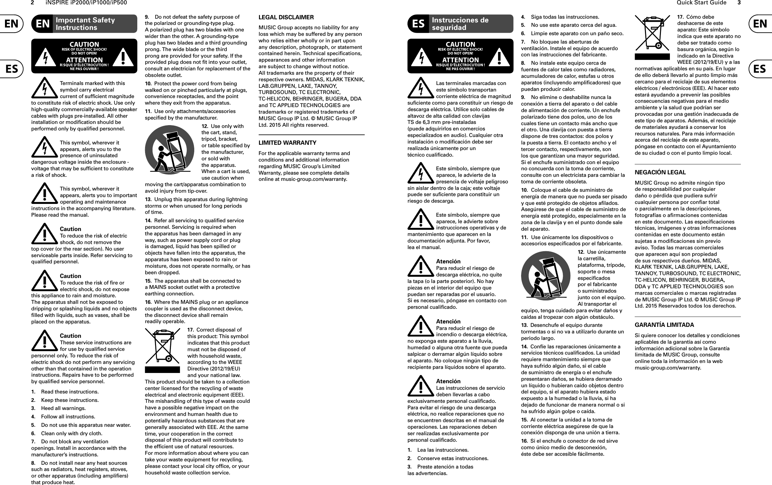 2iNSPIRE iP2000/iP1000/iP500 Quick Start Guide 3Terminals marked with this symbol carry electrical current of sufﬁ cient magnitude to constitute risk of electric shock. Use only high-quality commercially-available speaker cables with plugs pre-installed. All other installation or modiﬁ cation should be performed only by qualiﬁ ed personnel.This symbol, wherever it appears, alerts you to the presence of uninsulated dangerous voltage inside the enclosure - voltage that may be sufﬁ cient to constitute a risk of shock.This symbol, wherever it appears, alerts you to important operating and maintenance instructions in the accompanying literature. Please read the manual.CautionTo reduce the risk of electric shock, do not remove the top cover (or the rear section). No user serviceable parts inside. Refer servicing to qualiﬁ ed personnel.CautionTo reduce the risk of ﬁ re or electric shock, do not expose this appliance to rain and moisture. The apparatus shall not be exposed to dripping or splashing liquids and no objects ﬁ lled with liquids, such as vases, shall be placed on the apparatus.CautionThese service instructions are for use by qualiﬁ ed service personnel only. To reduce the risk of electric shock do not perform any servicing other than that contained in the operation instructions. Repairs have to be performed by qualiﬁ ed service personnel.1.  Read these instructions.2.  Keep these instructions.3.  Heed all warnings.4.  Follow all instructions.5.  Do not use this apparatus near water.6.  Clean only with dry cloth.7.  Do not block any ventilation openings. Install in accordance with the manufacturer’s instructions.8.  Do not install near any heat sources such as radiators, heat registers, stoves, or other apparatus (including ampliﬁ ers) that produce heat.9.  Do not defeat the safety purpose of the polarized or grounding-type plug. A polarized plug has two blades with one wider than the other. A grounding-type plug has two blades and a third grounding prong. The wide blade or the third prong are provided for your safety. If the provided plug does not ﬁ t into your outlet, consult an electrician for replacement of the obsolete outlet.10.  Protect the power cord from being walked on or pinched particularly at plugs, convenience receptacles, and the point where they exit from the apparatus.11.  Use only attachments/accessories speciﬁ ed by the manufacturer.12.  Use only with the cart, stand, tripod, bracket, or table speciﬁ ed by the manufacturer, or sold with the apparatus. When a cart is used, use caution when moving the cart/apparatus combination to avoid injury from tip-over.13.  Unplug this apparatus during lightning storms or when unused for long periods of time. 14.  Refer all servicing to qualiﬁ ed service personnel. Servicing is required when the apparatus has been damaged in any way, such as power supply cord or plug is damaged, liquid has been spilled or objects have fallen into the apparatus, the apparatus has been exposed to rain or moisture, does not operate normally, or has been dropped.15.  The apparatus shall be connected to a MAINS socket outlet with a protective earthing connection.16.  Where the MAINS plug or an appliance coupler is used as the disconnect device, the disconnect device shall remain readily operable.17.  Correct disposal of this product: This symbol indicates that this product must not be disposed of with household waste, according to the WEEE Directive (2012/19/EU) and your national law. This product should be taken to a collection center licensed for the recycling of waste electrical and electronic equipment (EEE). The mishandling of this type of waste could have a possible negative impact on the environment and human health due to potentially hazardous substances that are generally associated with EEE. At the same time, your cooperation in the correct disposal of this product will contribute to the efﬁ cient use of natural resources. For more information about where you can take your waste equipment for recycling, please contact your local city ofﬁ ce, or your household waste collection service.LEGAL DISCLAIMERMUSIC Group accepts no liability for any loss which may be suffered by any person who relies either wholly or in part upon any description, photograph, or statement contained herein. Technical speciﬁ cations, appearances and other information are subject to change without notice. All trademarks are the property of their respective owners. MIDAS, KLARK TEKNIK,LAB.GRUPPEN, LAKE, TANNOY, TURBOSOUND, TC ELECTRONIC, TC-HELICON, BEHRINGER, BUGERA, DDA and TC APPLIED TECHNOLOGIES are trademarks or registered trademarks of MUSIC Group IP Ltd. © MUSIC Group IP Ltd. 2015 All rights reserved.LIMITED WARRANTYFor the applicable warranty terms and conditions and additional information regarding MUSIC Group’s Limited Warranty, please see complete details online at music-group.com/warranty. Important Safety Instructions Instrucciones de seguridadLas terminales marcadas con este símbolo transportan corriente eléctrica de magnitud suﬁ ciente como para constituir un riesgo de descarga eléctrica. Utilice solo cables de altavoz de alta calidad con clavijas TS de 6,3 mm pre-instaladas (puede adquirirlos en comercios especializados en audio). Cualquier otra instalación o modiﬁ cación debe ser realizada únicamente por un técnico cualiﬁ cado.Este símbolo, siempre que aparece, le advierte de la presencia de voltaje peligroso sin aislar dentro de la caja; este voltaje puede ser suﬁ ciente para constituir un riesgo de descarga.Este símbolo, siempre que aparece, le advierte sobre instrucciones operativas y de mantenimiento que aparecen en la documentación adjunta. Por favor, lea el manual.AtenciónPara reducir el riesgo de descarga eléctrica, no quite la tapa (o la parte posterior). No hay piezas en el interior del equipo que puedan ser reparadas por el usuario. Si es necesario, póngase en contacto con personal cualiﬁ cado.AtenciónPara reducir el riesgo de incendio o descarga eléctrica, no exponga este aparato a la lluvia, humedad o alguna otra fuente que pueda salpicar o derramar algún líquido sobre el aparato. No coloque ningún tipo de recipiente para líquidos sobre el aparato.AtenciónLas instrucciones de servicio deben llevarlas a cabo exclusivamente personal cualiﬁ cado. Para evitar el riesgo de una descarga eléctrica, no realice reparaciones que no se encuentren descritas en el manual de operaciones. Las reparaciones deben ser realizadas exclusivamente por personal cualiﬁ cado.1.  Lea las instrucciones.2.  Conserve estas instrucciones.3.  Preste atención a todas las advertencias.4.  Siga todas las instrucciones.5.  No use este aparato cerca del agua.6.  Limpie este aparato con un paño seco.7.  No bloquee las aberturas de ventilación. Instale el equipo de acuerdo con las instrucciones del fabricante.8.  No instale este equipo cerca de fuentes de calor tales como radiadores, acumuladores de calor, estufas u otros aparatos (incluyendo ampliﬁ cadores) que puedan producir calor.9.  No elimine o deshabilite nunca la conexión a tierra del aparato o del cable de alimentación de corriente. Un enchufe polarizado tiene dos polos, uno de los cuales tiene un contacto más ancho que el otro. Una clavija con puesta a tierra dispone de tres contactos: dos polos y la puesta a tierra. El contacto ancho y el tercer contacto, respectivamente, son los que garantizan una mayor seguridad. Si el enchufe suministrado con el equipo no concuerda con la toma de corriente, consulte con un electricista para cambiar la toma de corriente obsoleta.10.  Coloque el cable de suministro de energía de manera que no pueda ser pisado y que esté protegido de objetos aﬁ lados. Asegúrese de que el cable de suministro de energía esté protegido, especialmente en la zona de la clavija y en el punto donde sale del aparato.11.  Use únicamente los dispositivos o accesorios especiﬁ cados por el fabricante.12.  Use únicamente la carretilla, plataforma, trípode, soporte o mesa especiﬁ cados por el fabricante o suministrados junto con el equipo. Al transportar el equipo, tenga cuidado para evitar daños y caídas al tropezar con algún obstáculo.13.  Desenchufe el equipo durante tormentas o si no va a utilizarlo durante un periodo largo.14.  Confíe las reparaciones únicamente a servicios técnicos cualiﬁ cados. La unidad requiere mantenimiento siempre que haya sufrido algún daño, si el cable de suministro de energía o el enchufe presentaran daños, se hubiera derramado un líquido o hubieran caído objetos dentro del equipo, si el aparato hubiera estado expuesto a la humedad o la lluvia, si ha dejado de funcionar de manera normal o si ha sufrido algún golpe o caída.15.  Al conectar la unidad a la toma de corriente eléctrica asegúrese de que la conexión disponga de una unión a tierra.16.  Si el enchufe o conector de red sirve como único medio de desconexión, éste debe ser accesible fácilmente.17.  Cómo debe deshacerse de este aparato: Este símbolo indica que este aparato no debe ser tratado como basura orgánica, según lo indicado en la Directiva WEEE (2012/19/EU) y a las normativas aplicables en su país. En lugar de ello deberá llevarlo al punto limpio más cercano para el reciclaje de sus elementos eléctricos / electrónicos (EEE). Al hacer esto estará ayudando a prevenir las posibles consecuencias negativas para el medio ambiente y la salud que podrían ser provocadas por una gestión inadecuada de este tipo de aparatos. Además, el reciclaje de materiales ayudará a conservar los recursos naturales. Para más información acerca del reciclaje de este aparato, póngase en contacto con el Ayuntamiento de su ciudad o con el punto limpio local.NEGACIÓN LEGALMUSIC Group no admite ningún tipo de responsabilidad por cualquier daño o pérdida que pudiera sufrir cualquier persona por conﬁ ar total o parcialmente en la descripciones, fotografías o aﬁ rmaciones contenidas en este documento. Las especiﬁ caciones técnicas, imágenes y otras informaciones contenidas en este documento están sujetas a modiﬁ caciones sin previo aviso. Todas las marcas comerciales que aparecen aquí son propiedad de sus respectivos dueños. MIDAS, KLARK TEKNIK, LAB.GRUPPEN, LAKE, TANNOY, TURBOSOUND, TC ELECTRONIC,TC-HELICON, BEHRINGER, BUGERA, DDA y TC APPLIED TECHNOLOGIES son marcas comerciales o marcas registradas de MUSIC Group IP Ltd. © MUSIC Group IP Ltd. 2015 Reservados todos los derechos. GARANTÍA LIMITADASi quiere conocer los detalles y condiciones aplicables de la garantía así como información adicional sobre la Garantía limitada de MUSIC Group, consulte online toda la información en la web music-group.com/warranty.