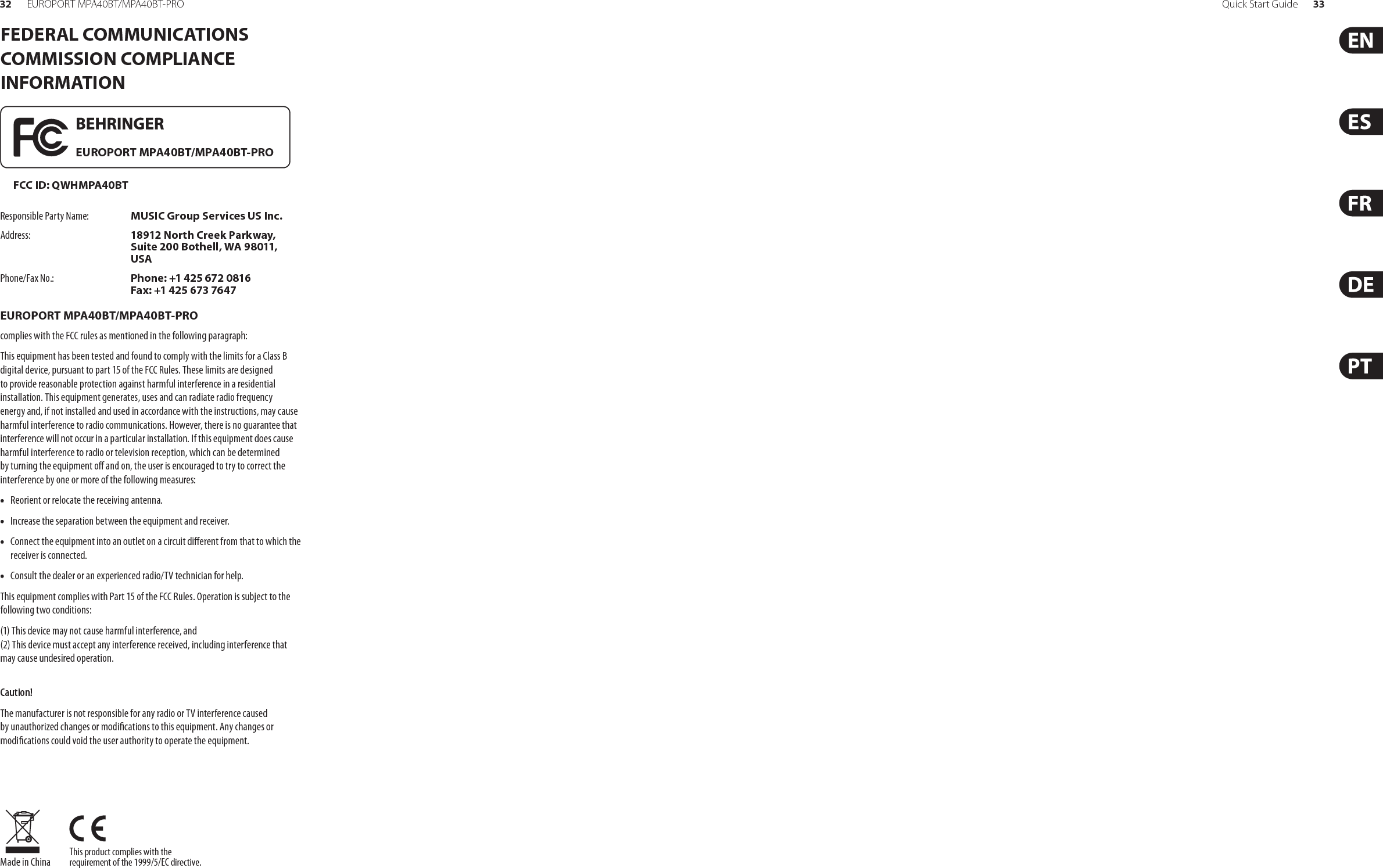 34 EUROPORT MPA40BT/MPA40BT-PRO Quick Start Guide 35