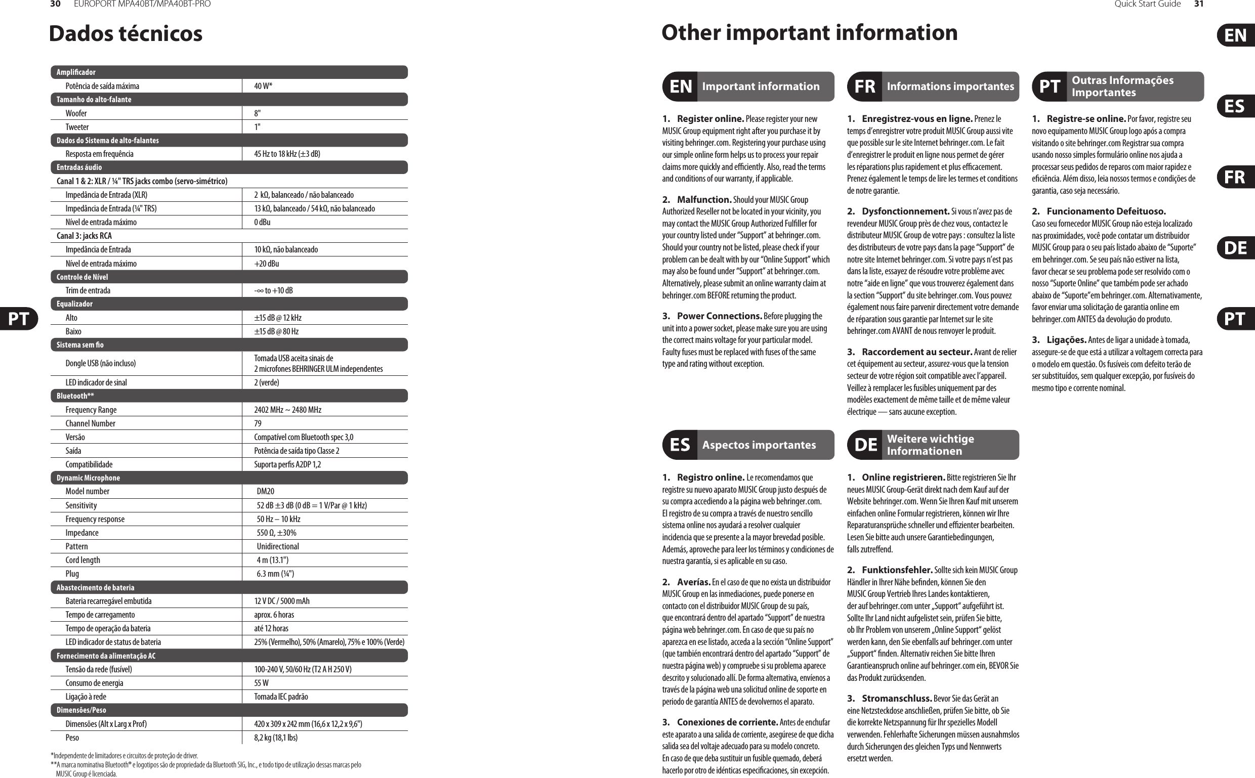 30 EUROPORT MPA40BT/MPA40BT-PRO Quick Start Guide 31Other important information1. Register online. Please register your new MUSIC Group equipment right after you purchase it by visiting behringer. com. Registering your purchase using our simple online form helps us to process your repair claims more quickly and eciently. Also, read the terms and conditions of our warranty, ifapplicable.2. Malfunction. Should your MUSICGroup Authorized Reseller not be located in your vicinity, you may contact the MUSIC Group Authorized Fulller for your country listed under “Support” at behringer. com. Shouldyour country not be listed, please check if your problem can be dealt with by our “OnlineSupport” which may also be found under “Support” at behringer. com. Alternatively, please submit an online warranty claim at behringer. com BEFORE returning theproduct.3. Power Connections. Before plugging the unit into a power socket, please make sure you are using the correct mains voltage for your particular model. Faultyfuses must be replaced with fuses of the same typeand rating without exception.1. Registro online. Le recomendamos que registre su nuevo aparato MUSIC Group justo después de su compra accediendo a la página web behringer. com. Elregistro de su compra a través de nuestro sencillo sistema online nos ayudará a resolver cualquier incidencia que se presente a la mayor brevedad posible. Además,aproveche para leer los términos y condiciones de nuestra garantía, si es aplicable en sucaso.2. Averías. En el caso de que no exista un distribuidor MUSIC Group en las inmediaciones, puede ponerse en contacto con el distribuidor MUSIC Group de su país, queencontrará dentro del apartado “Support” de nuestra página web behringer. com. En caso de que su país no aparezca en ese listado, acceda a la sección “Online Support” (quetambiénencontrará dentro del apartado “Support” de nuestra páginaweb) y compruebe si su problema aparece descrito y solucionado allí. De forma alternativa, envíenos a través de la página web una solicitud online de soporte en periodo de garantía ANTES de devolvernos el aparato.3. Conexiones de corriente. Antes de enchufar este aparato a una salida de corriente, asegúrese de que dicha salida sea del voltaje adecuado para su modelo concreto. En caso de que deba sustituir un fusible quemado, deberá hacerlo por otro de idénticas especicaciones, sinexcepción.1. Enregistrez-vous en ligne. Prenez le temps d’enregistrer votre produit MUSIC Group aussi vite que possible sur le site Internet behringer. com. Le fait d’enregistrer le produit en ligne nous permet de gérer les réparations plus rapidement et plus ecacement. Prenezégalement le temps de lire les termes et conditions de notre garantie.2. Dysfonctionnement. Si vous n’avez pas de revendeur MUSIC Group près de chez vous, contactez le distributeur MUSIC Group de votre pays: consultez la liste des distributeurs de votre pays dans la page “Support” de notre site Internet behringer. com. Si votre pays n’est pas dans la liste, essayez de résoudre votre problème avec notre “aideen ligne” que vous trouverez également dans la section “Support” du site behringer. com. Vous pouvez également nous faire parvenir directement votre demande de réparation sous garantie par Internet sur le site behringer. com AVANT de nous renvoyer le produit.3. Raccordement au secteur. Avant de relier cet équipement au secteur, assurez-vous que la tension secteur de votre région soit compatible avec l’appareil. Veillez à remplacer les fusibles uniquement par des modèles exactement de même taille et de même valeur électrique — sans aucune exception.1. Online registrieren. Bitte registrieren Sie Ihr neues MUSIC Group-Gerät direkt nach dem Kauf auf der Website  behringer. com. Wenn Sie Ihren Kauf mit unserem einfachen online Formular registrieren, können wir Ihre Reparaturansprüche schneller und ezienter bearbeiten. Lesen Sie bitte auch unsere Garantiebedingungen, fallszutreend.2. Funktionsfehler. Sollte sich kein MUSICGroup Händler in Ihrer Nähe benden, können Sie den MUSICGroup Vertrieb Ihres Landes kontaktieren, derauf behringer. com unter „Support“ aufgeführt ist. Sollte Ihr Land nicht aufgelistet sein, prüfen Sie bitte, ob Ihr Problem von unserem „Online Support“ gelöst werden kann, den Sie ebenfalls auf  behringer. com unter „Support“ nden. Alternativ reichen Sie bitte Ihren Garantieanspruch online auf behringer. com ein, BEVOR Sie das Produktzurücksenden.3. Stromanschluss. Bevor Sie das Gerät an eine Netzsteckdose anschließen, prüfen Sie bitte, obSie die korrekte Netzspannung für Ihr spezielles Modell verwenden. Fehlerhafte Sicherungen müssen ausnahmslos durch Sicherungen des gleichen Typs und Nennwerts ersetztwerden.1. Registre-se online. Por favor, registre seu novo equipamento MUSIC Group logo após a compra visitando o site behringer. com Registrar sua compra usando nosso simples formulário online nos ajuda a processar seus pedidos de reparos com maior rapidez e eciência. Além disso, leia nossos termos e condições de garantia, caso seja necessário.2. Funcionamento Defeituoso. Casoseufornecedor MUSIC Group não esteja localizado nas proximidades, você pode contatar um distribuidor MUSIC Group para o seu país listado abaixo de “Suporte” embehringer. com. Se seu país não estiver na lista, favorchecar se seu problema pode ser resolvido com o nosso “Suporte Online” que também pode ser achado abaixo de “Suporte”em behringer. com. Alternativamente, favor enviar uma solicitação de garantia online em behringer. com ANTES da devolução do produto.3. Ligações. Antes de ligar a unidade à tomada, assegure-se de que está a utilizar a voltagem correcta para o modelo em questão. Os fusíveis com defeito terão de ser substituídos, sem qualquer excepção, por fusíveis do mesmo tipo e corrente nominal.Important informationAspectos importantesInformations importantesWeitere wichtige InformationenOutras Informações ImportantesDados técnicosAmplicadorPotência de saída máxima  40 W*Tamanho do alto-falanteWoofer 8&quot;Tweeter 1&quot;Dados do Sistema de alto-falantes Resposta em frequência 45 Hz to 18 kHz (±3 dB)Entradas áudioCanal 1 &amp; 2: XLR / ¼&quot; TRS jacks combo (servo-simétrico)Impedância de Entrada (XLR) 2  kΩ, balanceado / não balanceadoImpedância de Entrada (¼&quot; TRS) 13 kΩ, balanceado / 54 kΩ, não balanceadoNível de entrada máximo 0 dBuCanal 3: jacks RCA Impedância de Entrada 10kΩ, não balanceadoNível de entrada máximo +20dBuControle de NívelTrim de entrada -∞ to +10 dB EqualizadorAlto ±15 dB @ 12 kHzBaixo ±15 dB @ 80 HzSistema sem oDongle USB (não incluso) Tomada USB aceita sinais de  2 microfones BEHRINGER ULM independentesLED indicador de sinal 2 (verde)Bluetooth**Frequency Range 2402 MHz ~ 2480 MHzChannel Number 79Versão Compatível com Bluetooth spec 3,0Saída Potência de saída tipo Classe 2 Compatibilidade Suporta pers A2DP 1,2 Dynamic MicrophoneModel number DM20Sensitivity 52 dB ±3 dB (0 dB = 1 V/Par @ 1 kHz)Frequency response 50 Hz – 10 kHzImpedance 550 Ω, ±30%Pattern UnidirectionalCord length 4 m (13.1&quot;)Plug 6.3 mm (¼&quot;)Abastecimento de bateriaBateria recarregável embutida  12 V DC / 5000 mAhTempo de carregamento aprox.6horasTempo de operação da bateria  até 12 horasLED indicador de status de bateria 25% (Vermelho), 50% (Amarelo), 75% e 100% (Verde) Fornecimento da alimentação AC Tensão da rede (fusível) 100-240 V, 50/60 Hz (T2 A H 250 V)Consumo de energia 55 WLigação à rede Tomada IEC padrãoDimensões/PesoDimensões (Alt x Larg x Prof) 420 x 309 x 242 mm (16,6 x 12,2 x 9,6&quot;)Peso 8,2 kg (18,1 lbs)*Independente de limitadores e circuitos de proteção de driver. **A marca nominativa Bluetooth® e logotipos são de propriedade da Bluetooth SIG, Inc., e todo tipo de utilização dessas marcas pelo    MUSIC Group é licenciada.