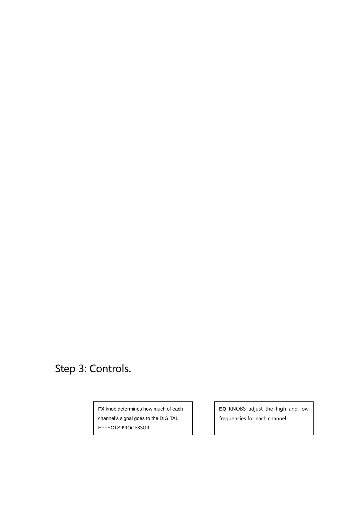            Step 3: Controls.   FX knob determines how much of each channel’s signal goes to the DIGITAL EFFECTS PROCESSOR. EQ KNOBS adjust the high and low frequencies for each channel. 