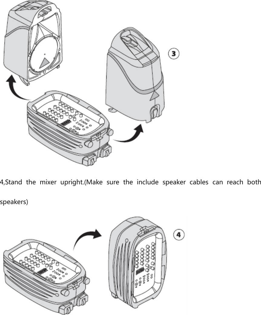 4,Stand  the  mixer  upright.(Make  sure the  include  speaker  cables  can  reach  bothspeakers)