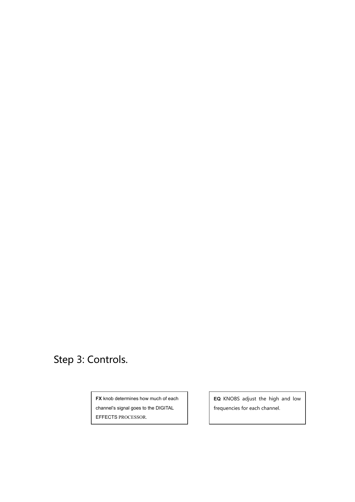 Step 3: Controls.FX knob determines how much of each channel’s signal goes to the DIGITALEFFECTS PROCESSOR.EQ KNOBS adjust  the  high and lowfrequencies for each channel.