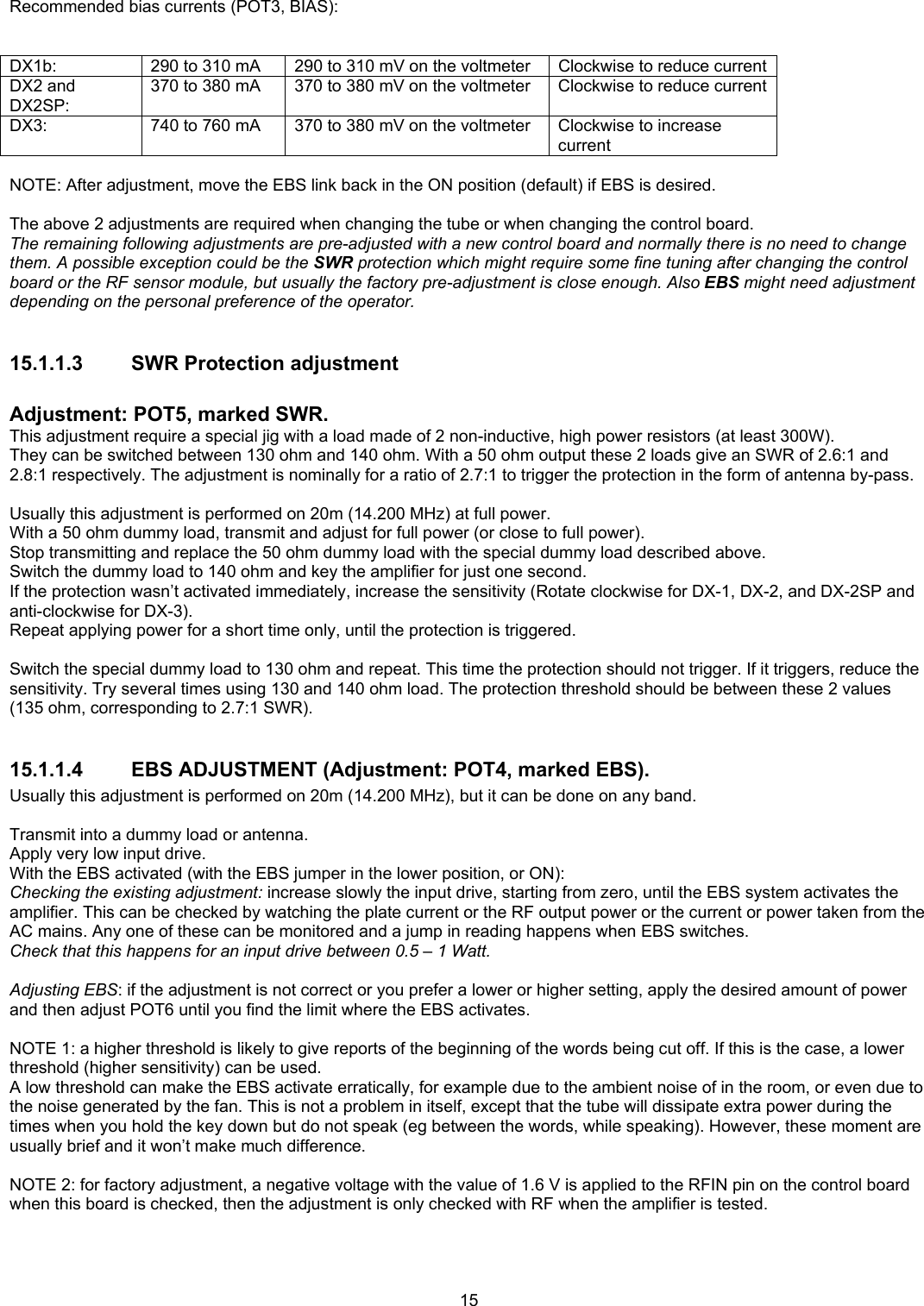  15 Recommended bias currents (POT3, BIAS):   DX1b:  290 to 310 mA     290 to 310 mV on the voltmeter  Clockwise to reduce current DX2 and DX2SP: 370 to 380 mA  370 to 380 mV on the voltmeter  Clockwise to reduce current DX3:  740 to 760 mA   370 to 380 mV on the voltmeter  Clockwise to increase current  NOTE: After adjustment, move the EBS link back in the ON position (default) if EBS is desired.  The above 2 adjustments are required when changing the tube or when changing the control board. The remaining following adjustments are pre-adjusted with a new control board and normally there is no need to change them. A possible exception could be the SWR protection which might require some fine tuning after changing the control board or the RF sensor module, but usually the factory pre-adjustment is close enough. Also EBS might need adjustment depending on the personal preference of the operator.  15.1.1.3  SWR Protection adjustment  Adjustment: POT5, marked SWR. This adjustment require a special jig with a load made of 2 non-inductive, high power resistors (at least 300W). They can be switched between 130 ohm and 140 ohm. With a 50 ohm output these 2 loads give an SWR of 2.6:1 and 2.8:1 respectively. The adjustment is nominally for a ratio of 2.7:1 to trigger the protection in the form of antenna by-pass.  Usually this adjustment is performed on 20m (14.200 MHz) at full power. With a 50 ohm dummy load, transmit and adjust for full power (or close to full power). Stop transmitting and replace the 50 ohm dummy load with the special dummy load described above. Switch the dummy load to 140 ohm and key the amplifier for just one second. If the protection wasn&rsquo;t activated immediately, increase the sensitivity (Rotate clockwise for DX-1, DX-2, and DX-2SP and anti-clockwise for DX-3). Repeat applying power for a short time only, until the protection is triggered.  Switch the special dummy load to 130 ohm and repeat. This time the protection should not trigger. If it triggers, reduce the sensitivity. Try several times using 130 and 140 ohm load. The protection threshold should be between these 2 values (135 ohm, corresponding to 2.7:1 SWR).  15.1.1.4 EBS ADJUSTMENT (Adjustment: POT4, marked EBS). Usually this adjustment is performed on 20m (14.200 MHz), but it can be done on any band.  Transmit into a dummy load or antenna. Apply very low input drive. With the EBS activated (with the EBS jumper in the lower position, or ON): Checking the existing adjustment: increase slowly the input drive, starting from zero, until the EBS system activates the amplifier. This can be checked by watching the plate current or the RF output power or the current or power taken from the AC mains. Any one of these can be monitored and a jump in reading happens when EBS switches. Check that this happens for an input drive between 0.5 &ndash; 1 Watt.  Adjusting EBS: if the adjustment is not correct or you prefer a lower or higher setting, apply the desired amount of power and then adjust POT6 until you find the limit where the EBS activates.  NOTE 1: a higher threshold is likely to give reports of the beginning of the words being cut off. If this is the case, a lower threshold (higher sensitivity) can be used. A low threshold can make the EBS activate erratically, for example due to the ambient noise of in the room, or even due to the noise generated by the fan. This is not a problem in itself, except that the tube will dissipate extra power during the times when you hold the key down but do not speak (eg between the words, while speaking). However, these moment are usually brief and it won&rsquo;t make much difference.  NOTE 2: for factory adjustment, a negative voltage with the value of 1.6 V is applied to the RFIN pin on the control board when this board is checked, then the adjustment is only checked with RF when the amplifier is tested.  