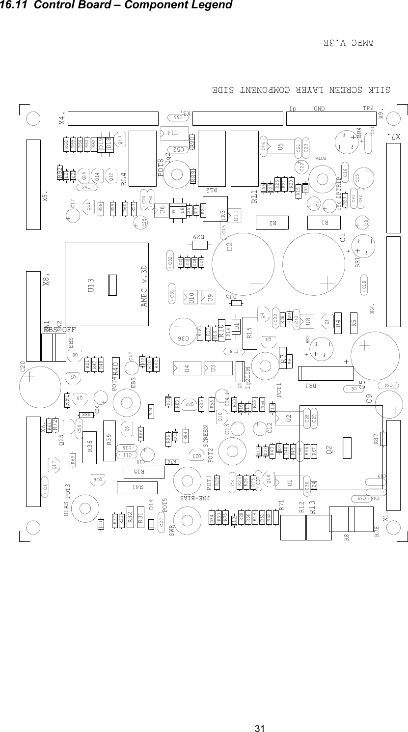  31 16.11  Control Board &ndash; Component Legend R8C5D191C311C27R70U3U5D12D17R7D5D6R39C17C13R85~~-+BR11C3~~-+BR21C111C4X8.SW11C6C14U2C2X1.X4.X7.X6.RL2RL4Q4C8D10D11D14D13D16D151R15R21C39R1R5R4R31Q3R66Q11Q12Q10Q13POT6POT5POT4POT2R18R16R17R10R6R14R38R40D23R73R26R33R30R28 R27R29R34R47D18R48D2R37R45R43R44R46R49R51R52R53R57R59R58R54R56R55R60R61R62R65R42R64R63R21R22R19R20R23R24R25Q8D28D271C23U10U9U8U6BR31C54X3.R69Q1C15R36U4D7C9R41D25C12POT7C201C16U1C7X2.X5.D1RL1Q7D4C36R32Q5Q14POT3R50Q9D9U11Q25R13R12D26POT1C11C351C34U131C33D8Q6R67D211C32D221C301C29D201C28R921C181C21R68Q151C24C26C22C25Q17R35Q16R72R71D24Q2D31C411C421C401C531C511C191C55C47R78R3R751C37Q18R741C43POT8R911C52D35R90C56R89U141C45X9.R76R84Q23Q22SW2D32R831C46D33R86C10~~-+BR41C50R88R871C481C49D29Ig2EBS OFFAMPC v.3DIPTRIPIg2LIMPRE-BIASSWREBSBIASSILK SCREEN LAYER COMPONENT SIDEAMPC V.3ESCREENIp TP2GND++++EBS            