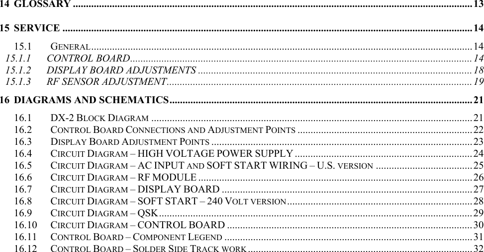 14 GLOSSARY .........................................................................................................................................................13 15 SERVICE .............................................................................................................................................................14 15.1 GENERAL..................................................................................................................................................14 15.1.1 CONTROL BOARD................................................................................................................................... 14 15.1.2 DISPLAY BOARD ADJUSTMENTS .........................................................................................................18 15.1.3 RF SENSOR ADJUSTMENT..................................................................................................................... 19 16 DIAGRAMS AND SCHEMATICS....................................................................................................................21 16.1 DX-2 BLOCK DIAGRAM ...........................................................................................................................21 16.2 CONTROL BOARD CONNECTIONS AND ADJUSTMENT POINTS ...................................................................22 16.3 DISPLAY BOARD ADJUSTMENT POINTS .................................................................................................... 23 16.4 CIRCUIT DIAGRAM &ndash; HIGH VOLTAGE POWER SUPPLY ....................................................................24 16.5 CIRCUIT DIAGRAM &ndash; AC INPUT AND SOFT START WIRING &ndash; U.S. VERSION .....................................25 16.6 CIRCUIT DIAGRAM &ndash; RF MODULE .........................................................................................................26 16.7 CIRCUIT DIAGRAM &ndash; DISPLAY BOARD ................................................................................................27 16.8 CIRCUIT DIAGRAM &ndash; SOFT START &ndash; 240 VOLT VERSION....................................................................... 28 16.9 CIRCUIT DIAGRAM &ndash; QSK........................................................................................................................29 16.10 CIRCUIT DIAGRAM &ndash; CONTROL BOARD ..............................................................................................30 16.11 CONTROL BOARD &ndash; COMPONENT LEGEND ...............................................................................................31 16.12 CONTROL BOARD &ndash; SOLDER SIDE TRACK WORK ......................................................................................32 