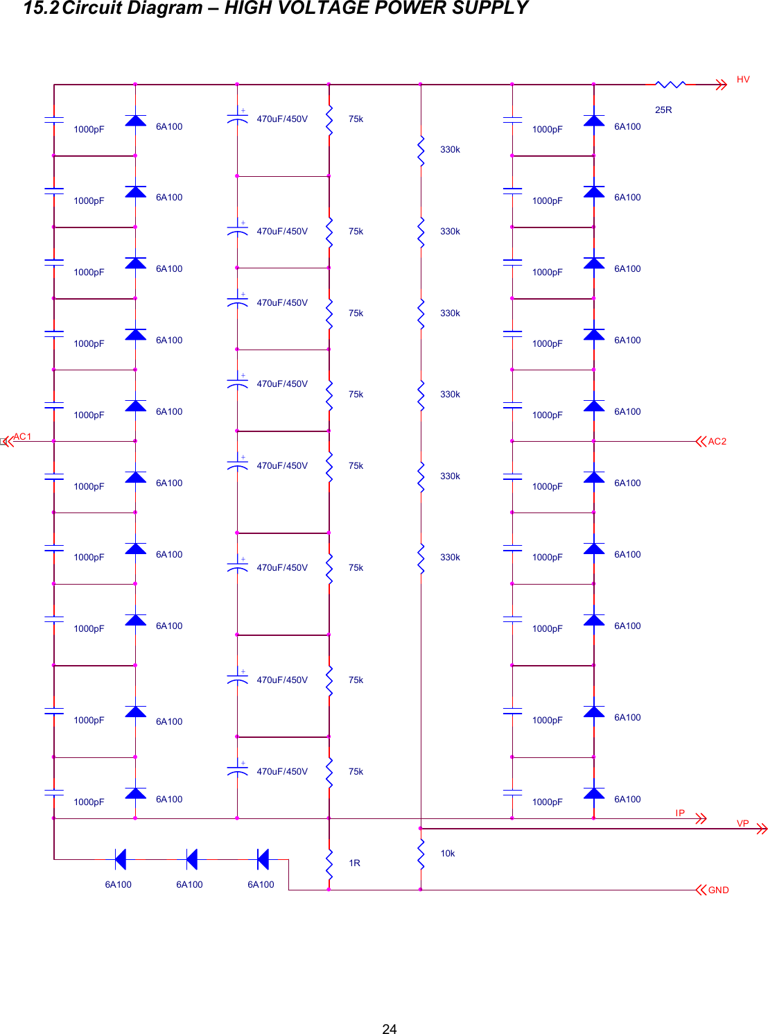  2415.2 Circuit Diagram &ndash; HIGH VOLTAGE POWER SUPPLY      GND 6A100 1R1000pF1000pF 6A100AC11000pF1000pFAC21000pF1000pF 75k 6A100 75k1000pF 6A100 6A1001000pF 6A100+ 470uF/450V 75k 25RIP1000pF 6A1001000pF 6A1001000pF1000pF 6A100 330k 330k 330k 6A1001000pF 6A100 75k+ 470uF/450V 6A100 6A100 6A100 75k 6A100+ 470uF/450V 6A100+ 470uF/450V 6A100 75k 75k 6A100 6A100 330k1000pF1000pF 6A100 6A100+ 470uF/450V 330k1000pF 330k 75k1000pF+ 470uF/450V+ 470uF/450V1000pF 6A100 6A100HVVP1000pF+ 470uF/450V 10k1000pF