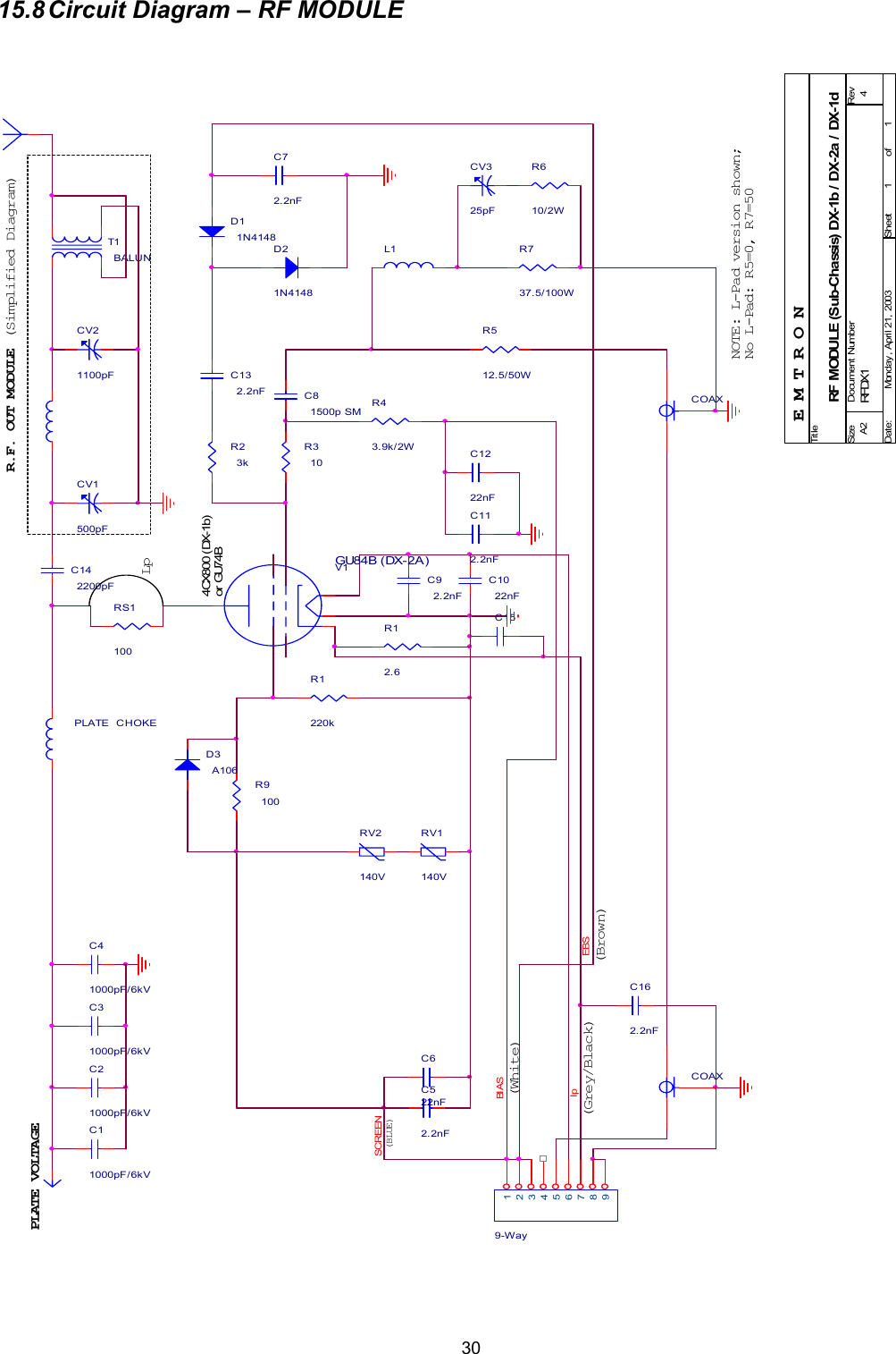  3015.8 Circuit Diagram &ndash; RF MODULE   C72.2nFC142200pFCV21100pF4CX800 (DX-1b)BI ASor GU74B(Grey/Black)C1022nFCV325pFC112.2nFD11N4148R310RS1100RV1140V(BLUE)CV1500pFR.F. OUT MODULEC132.2nFL1R12.6C162.2nFR1220kC31000pF/6kVRV2140VC1222nF(Simplified Diagram)R91009-Way123456789(Brown)C52.2nFV1GU84B (DX-2A)EBSPLATE VOLTAGED3A106COAXCOAXT1BALUNR737.5/100WIpC81500p SMC92.2nFRFDX14RF MODULE (Sub-Cha ssis) DX-1b /  DX-2a  / DX-1dA211Monday ,  April 21, 2003Ti t leSize Document  Number RevDate: Sheet ofC622nFC21000pF/6kV PLATE  CHOKELpR512.5/50WR23kR43.9k/2WC41000pF/6kVC15E M T R O NNOTE: L-Pad version shown;No L-Pad: R5=0, R7=50SCREEND21N4148C11000pF/6kVR610/2W(White)   