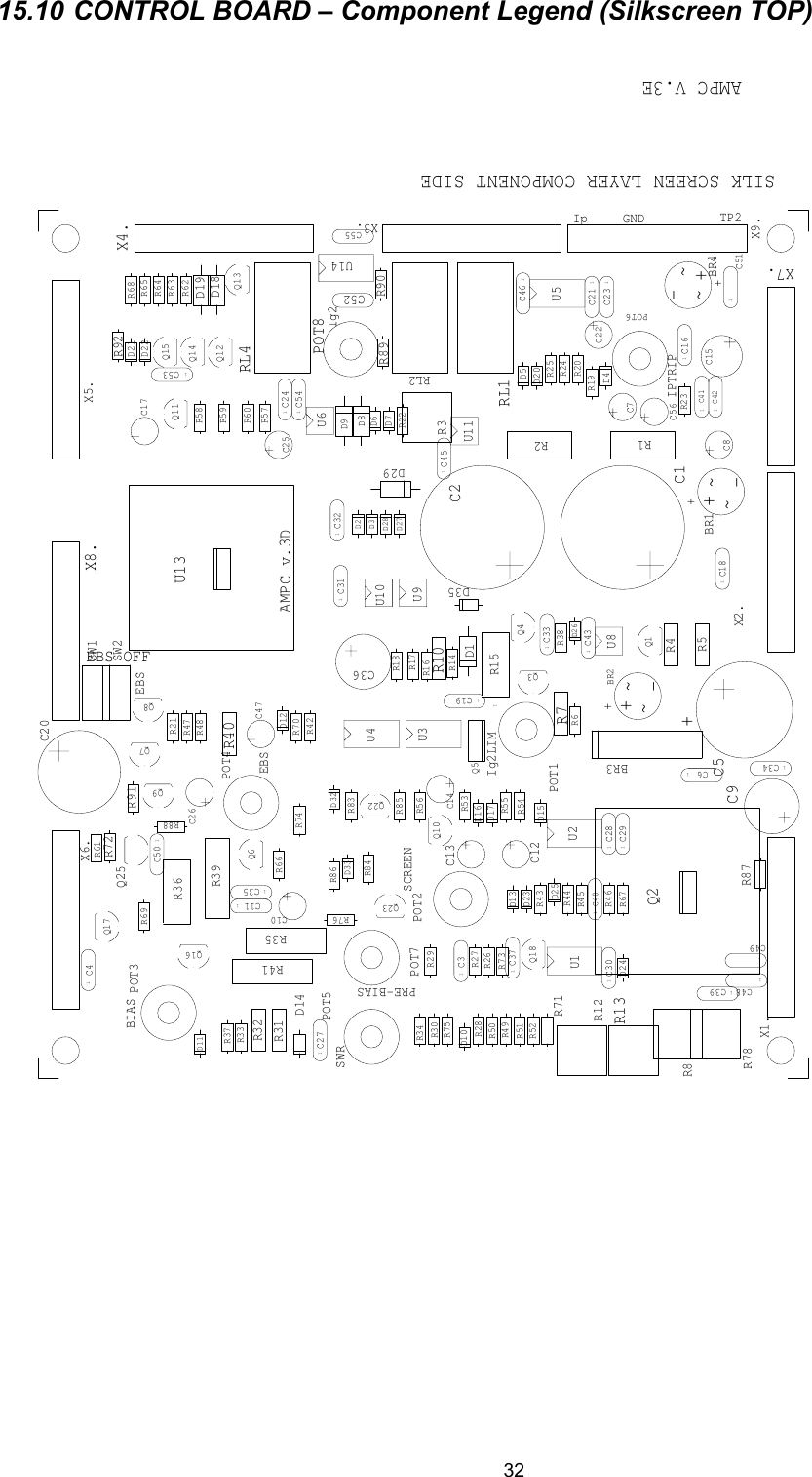  3215.10  CONTROL BOARD &ndash; Component Legend (Silkscreen TOP) R8C5D191C311C27R70U3U5D12D17R7D5D6R39C17C13R85~~-+BR11C3~~-+BR21C111C4 X8.SW11C6C14U2C2X1.X4.X7.X6.RL2RL4Q4C8D10D11D14D13D16D151R15R21C39R1R5R4R31Q3R66Q11Q12Q10Q13POT6POT5POT4POT2R18R16R17R10R6R14R38R40D23R73R26R33R30R28 R27R29R34R47D18R48D2R37R45R43R44R46R49R51R52R53R57R59R58R54R56R55R60R61R62R65R42R64R63R21R22R19R20R23R24R25Q8D28D271C23U10U9U8U6BR31C54X3.R69Q1C15R36U4D7C9R41D25C12POT7C201C16U1C7X2.X5.D1RL1Q7D4C36R32Q5Q14POT3R50Q9D9U11Q25R13R12D26POT1C11C351C34U131C33D8Q6R67D211C32D221C301C29D201C28R921C181C21R68Q151C24C26C22C25Q17R35Q16R72R71D24Q2D31C411C421C401C531C511C191C55C47R78R3R751C37Q18R741C43POT8R911C52D35R90C56R89U141C45X9.R76R84Q23Q22SW2D32R831C46D33R86C10~~-+BR41C50R88R871C481C49D29Ig2EBS OFFAMPC v.3DIPTRIPIg2LIMPRE-BIASSWREBSBIASSILK SCREEN LAYER COMPONENT SIDEAMPC V.3ESCREENIp TP2GND++++EBS                