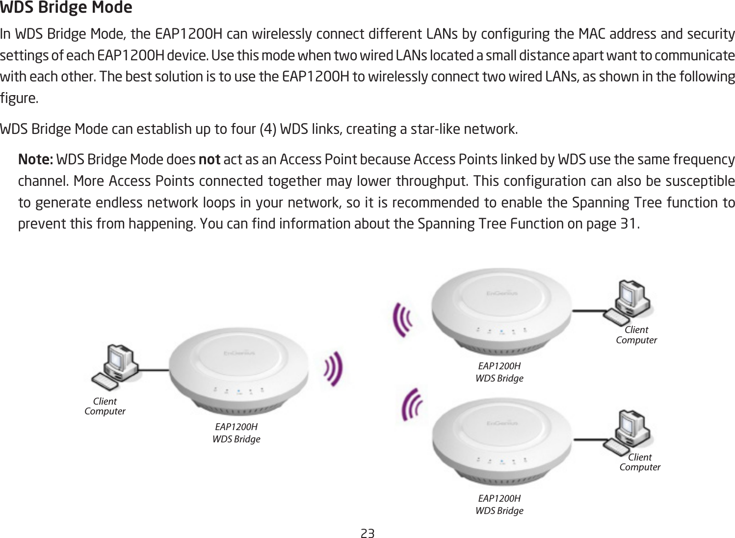 23WDS Bridge ModeInWDSBridgeMode,theEAP1200HcanwirelesslyconnectdifferentLANsbyconguringtheMACaddressandsecuritysettings of each EAP1200H device. Use this mode when two wired LANs located a small distance apart want to communicate witheachother.ThebestsolutionistousetheEAP1200HtowirelesslyconnecttwowiredLANs,asshowninthefollowinggure.WDSBridgeModecanestablishuptofour(4)WDSlinks,creatingastar-likenetwork.Note: WDS Bridge Mode does not act as an Access Point because Access Points linked by WDS use the same frequency channel.MoreAccessPointsconnectedtogethermaylowerthroughput.Thiscongurationcanalsobesusceptibletogenerateendlessnetworkloopsinyournetwork,soitisrecommendedtoenabletheSpanningTreefunctiontopreventthisfromhappening.YoucanndinformationabouttheSpanningTreeFunctiononpage31.EAP1200HWDS BridgeEAP1200HWDS BridgeEAP1200HWDS BridgeClientComputerClientComputerClientComputer