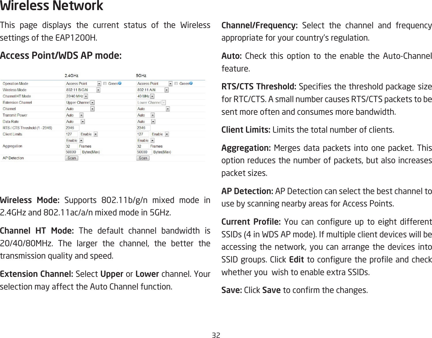 32This page displays the current status of the Wireless settings of the EAP1200H.Access Point/WDS AP mode: Wireless  Mode:  Supports 802.11b/g/n mixed mode in2.4GHzand802.11ac/a/nmixedmodein5GHz.Channel  HT  Mode: The default channel bandwidth is 20/40/80MHz. The larger the channel, the better thetransmission quality and speed.Extension Channel: Select Upper or Lower channel. Your selection may affect the Auto Channel function.Channel/Frequency: Select the channel and frequency appropriate for your country’s regulation.Auto: Check this option to the enable the Auto-Channel feature.RTS/CTS Threshold:Speciesthethresholdpackagesizefor RTC/CTS. A small number causes RTS/CTS packets to be sent more often and consumes more bandwidth.Client Limits: Limits the total number of clients.Aggregation: Merges data packets into one packet. This optionreducesthenumberofpackets,butalsoincreasespacket sizes.AP Detection: AP Detection can select the best channel to use by scanning nearby areas for Access Points.Current  Prole: You can congure up to eight differentSSIDs (4 in WDS AP mode). If multiple client devices will be accessingthenetwork, you can arrangethedevicesintoSSID groups. Click EdittoconguretheproleandcheckwhetheryouwishtoenableextraSSIDs.Save: Click Savetoconrmthechanges.Wireless Network