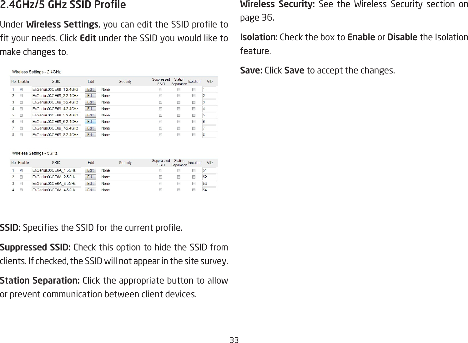 332.4GHz/5 GHz SSID ProleUnder Wireless Settings,youcanedittheSSIDproletotyourneeds.ClickEdit under the SSID you would like to make changes to.SSID:SpeciestheSSIDforthecurrentprole.Suppressed SSID: Check this option to hide the SSID from clients.Ifchecked,theSSIDwillnotappearinthesitesurvey.Station Separation: Click the appropriate button to allow or prevent communication between client devices.Wireless  Security:  See the Wireless Security section on page 36.Isolation:ChecktheboxtoEnable or Disable the Isolation feature.Save: Click Save to accept the changes.