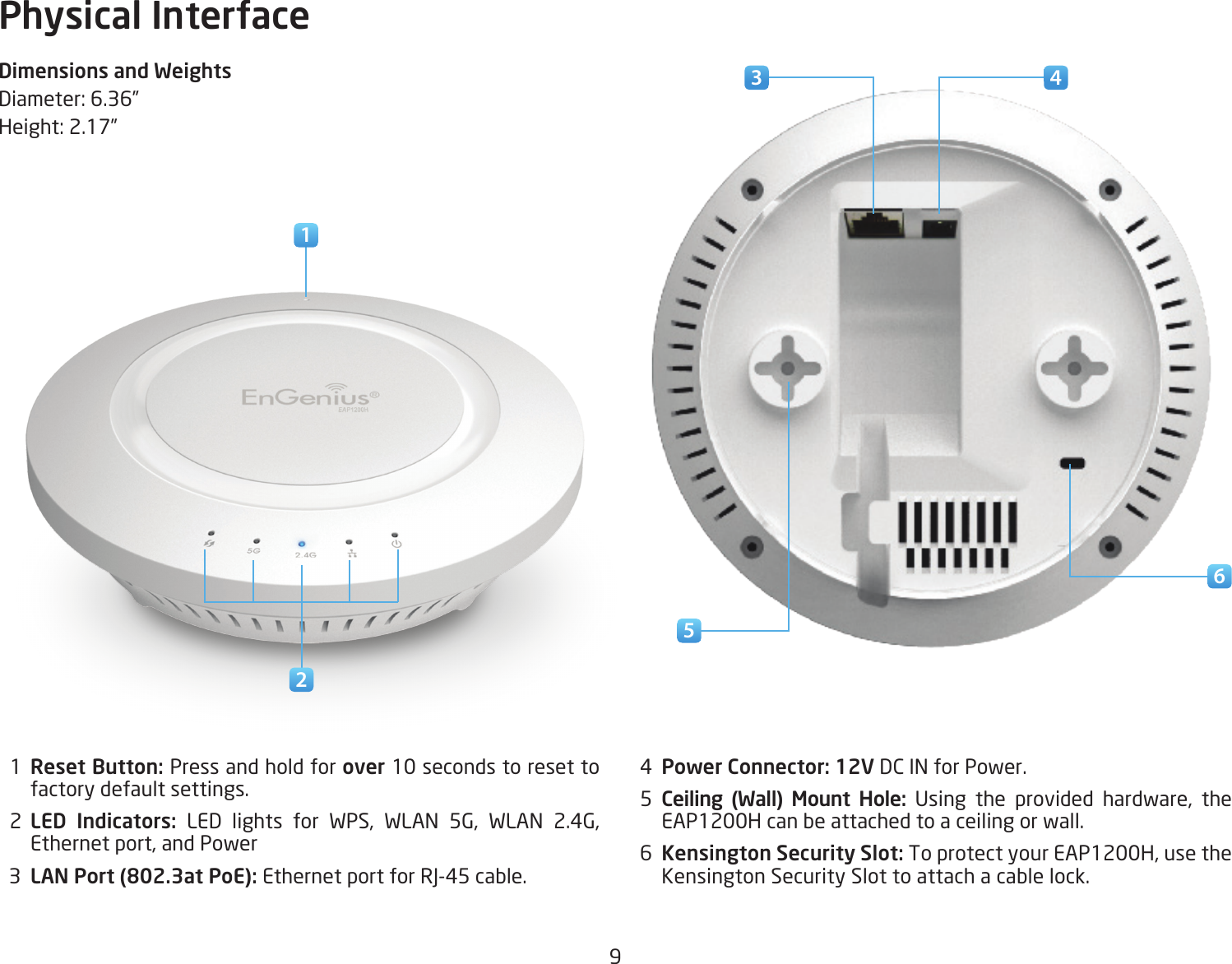 9Physical InterfaceDimensions and WeightsDiameter:6.36”Height:2.17”  1  Reset Button: Press and hold for over 10 seconds to reset to factory default settings.  2  LED  Indicators:  LED lights for WPS, WLAN 5G, WLAN 2.4G,Ethernetport,andPower  3  LAN Port (802.3at PoE): EthernetportforRJ-45cable.  4  Power Connector: 12V DC IN for Power.  5  Ceiling  (Wall)  Mount  Hole: Using the provided hardware, theEAP1200H can be attached to a ceiling or wall.  6  Kensington Security Slot: ToprotectyourEAP1200H,usetheKensington Security Slot to attach a cable lock. 3 41 256