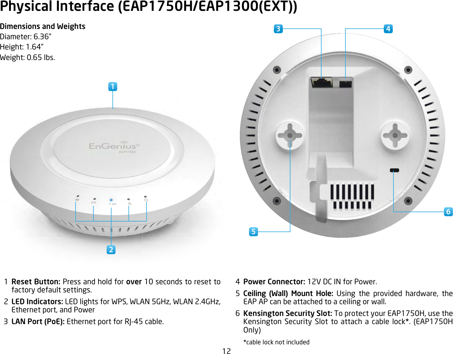 12Physical Interface (EAP1750H/EAP1300(EXT))Dimensions and WeightsDiameter:6.36”Height:1.64”Weight:0.65lbs.  1  Reset Button: Press and hold for over 10 seconds to reset to factory default settings.  2  LED Indicators: LEDlightsforWPS,WLAN5GHz,WLAN2.4GHz,Ethernetport,andPower  3  LAN Port (PoE): EthernetportforRJ-45cable.  4  Power Connector: 12V DC IN for Power.  5  Ceiling (Wall) Mount Hole: Using the provided hardware, theEAP AP can be attached to a ceiling or wall.  6  Kensington Security Slot: ToprotectyourEAP1750H,usetheKensington Security Slot to attach a cable lock*.(EAP1750HOnly) *cable lock not included3 41 256