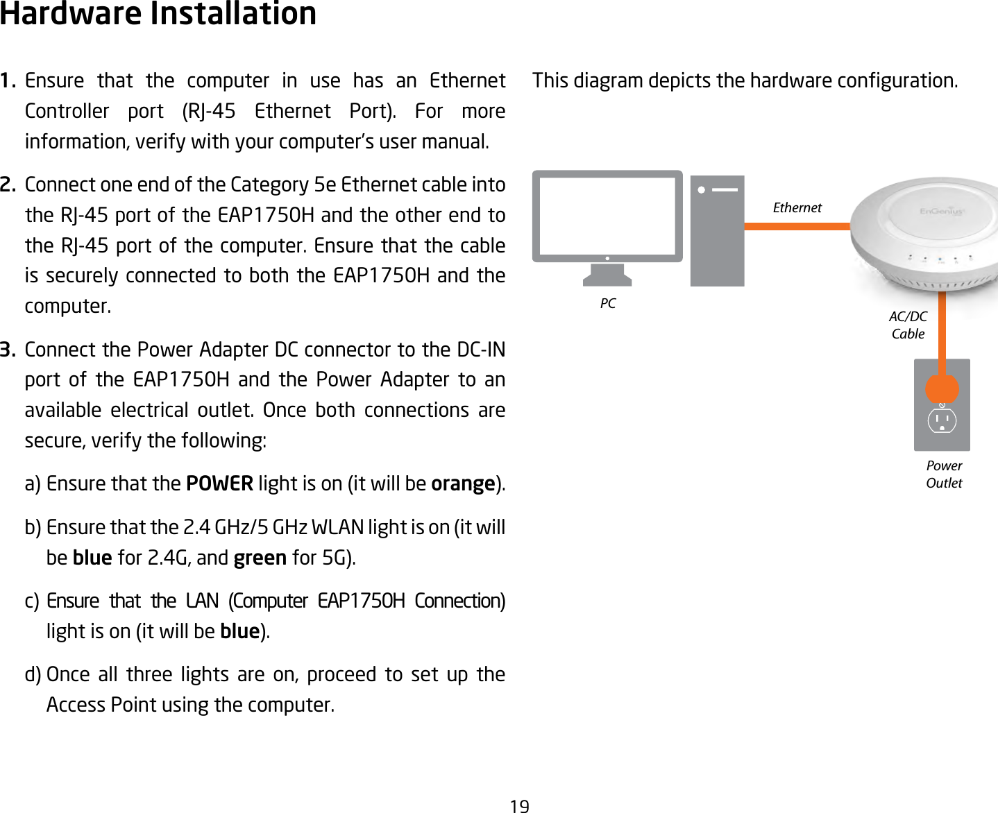 191. Ensure that the computer in use has an Ethernet Controller port (RJ-45 Ethernet Port). For moreinformation,verifywithyourcomputer’susermanual.2.  Connect one end of the Category 5e Ethernet cable into theRJ-45portoftheEAP1750HandtheotherendtotheRJ-45portofthecomputer.Ensurethatthecableis securely connected to both the EAP1750H and the computer.3. Connect the Power Adapter DC connector to the DC-IN port of the EAP1750H and the Power Adapter to an available electrical outlet. Once both connections are secure,verifythefollowing:  a)EnsurethatthePOWERlightison(itwillbeorange).  b)Ensurethatthe2.4GHz/5GHzWLANlightison(itwill  be bluefor2.4G,andgreenfor5G).  c) EnsuregthatgthehLANg(ComputergEAP1750HgConnection)  lightison(itwillbeblue).  d)Once all three lights are on, proceed to set up the   Access Point using the computer.Thisdiagramdepictsthehardwareconguration.Hardware InstallationEthernetPCPowerOutletAC/DC Cable