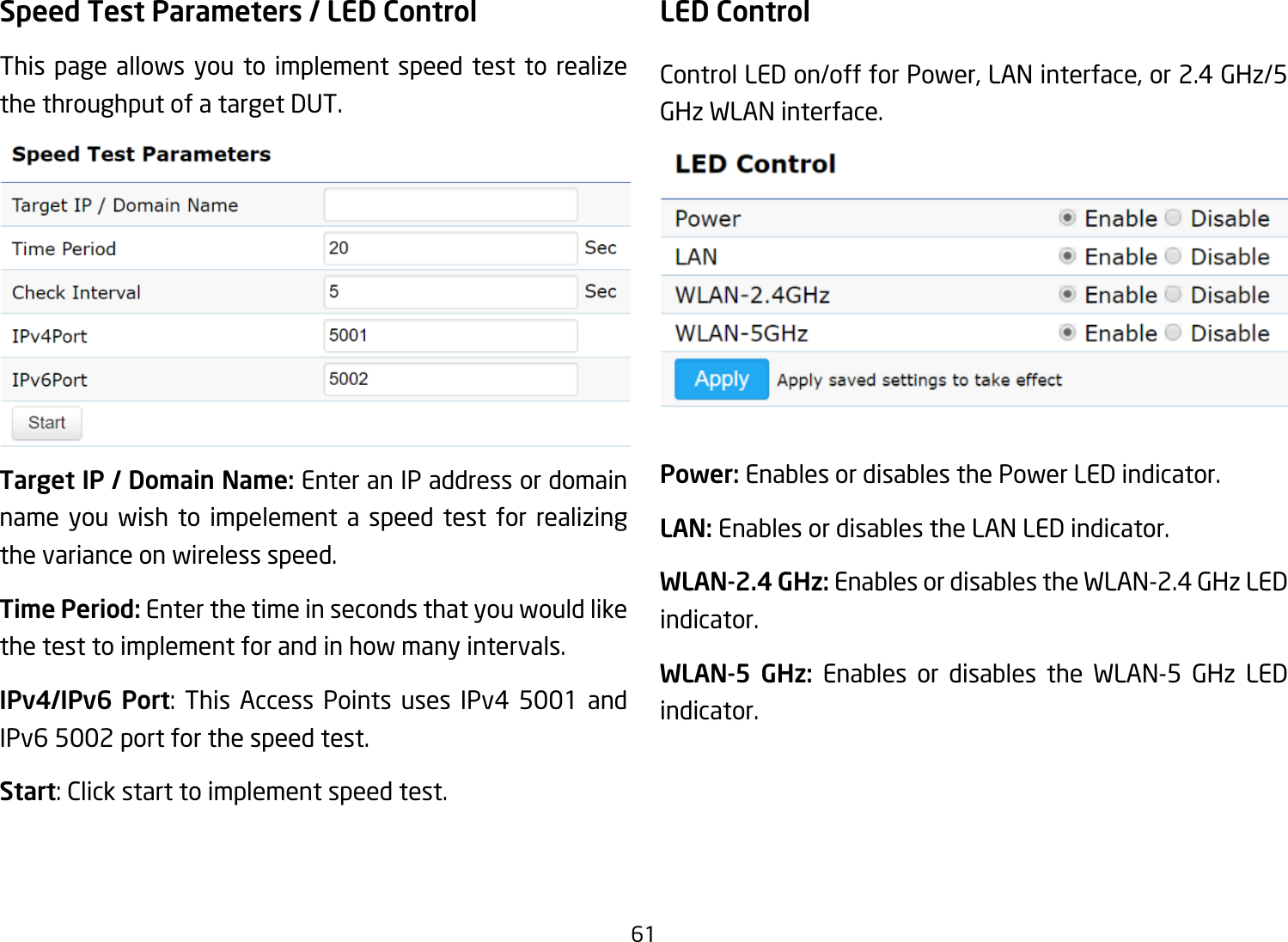 61Speed Test Parameters / LED Control This page allows you to implement speed test to realize the throughput of a target DUT.Target IP / Domain Name: Enter an IP address or domain name you wish to impelement a speed test for realizing the variance on wireless speed.Time Period: Enter the time in seconds that you would like the test to implement for and in how many intervals. IPv4/IPv6 Port: This Access Points uses IPv4 5001 andIPv6 5002 port for the speed test.Start:Clickstarttoimplementspeedtest.LED ControlControlLEDon/offforPower,LANinterface,or2.4GHz/5GHz WLAN interface.Power: Enables or disables the Power LED indicator.LAN: Enables or disables the LAN LED indicator.WLAN-2.4 GHz: Enables or disables the WLAN-2.4 GHz LED indicator.WLAN-5 GHz: Enables or disables the WLAN-5 GHz LED indicator. 