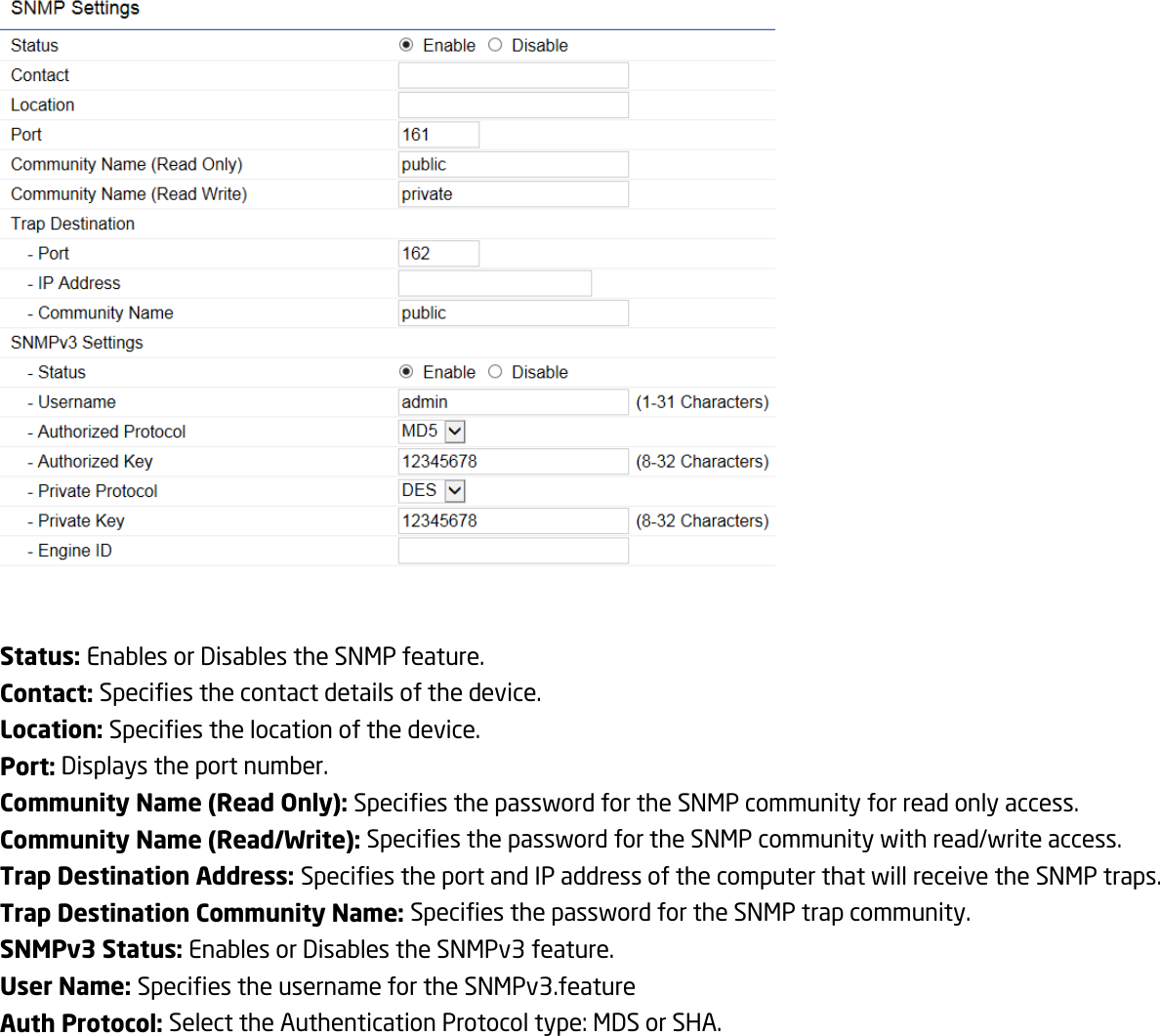   Status: Enables or Disables the SNMP feature. Contact: Specifies the contact details of the device. Location: Specifies the location of the device. Port: Displays the port number. Community Name (Read Only): Specifies the password for the SNMP community for read only access. Community Name (Read/Write): Specifies the password for the SNMP community with read/write access. Trap Destination Address: Specifies the port and IP address of the computer that will receive the SNMP traps. Trap Destination Community Name: Specifies the password for the SNMP trap community. SNMPv3 Status: Enables or Disables the SNMPv3 feature. User Name: Specifies the username for the SNMPv3.feature Auth Protocol: Select the Authentication Protocol type: MDS or SHA. 