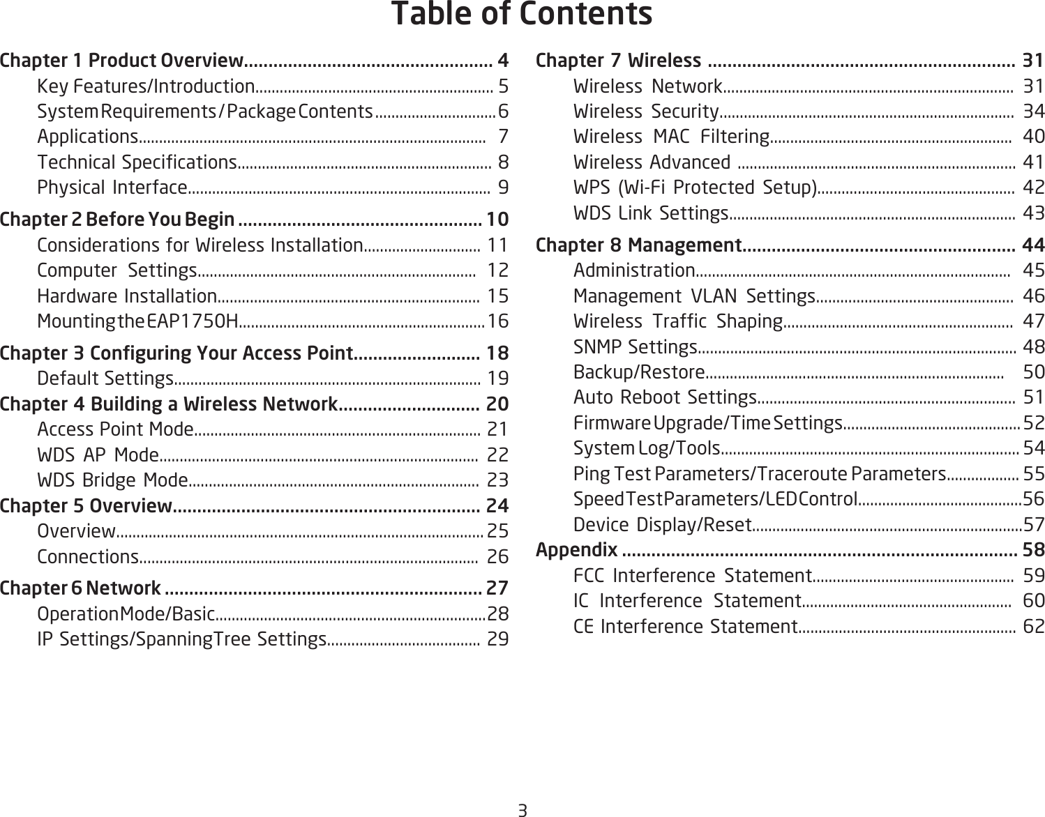 3Chapter 1 Product Overview................................................... 4  Key Features/Introduction........................................................... 5  System Requirements / Package Contents .............................. 6  Applications...................................................................................... 7 TechnicalSpecications...............................................................8  Physical Interface........................................................................... 9Chapter 2 Before You Begin .................................................. 10  Considerations for Wireless Installation............................. 11  Computer Settings..................................................................... 12  Hardware Installation................................................................. 15  Mounting the EAP1750H............................................................. 16Chapter 3 Conguring Your Access Point.......................... 18    Default Settings............................................................................ 19Chapter 4 Building a Wireless Network............................. 20  Access Point Mode....................................................................... 21  WDS AP Mode............................................................................... 22  WDS Bridge Mode........................................................................ 23Chapter 5 Overview............................................................... 24   Overview........................................................................................... 25  Connections.................................................................................... 26Chapter 6 Network ................................................................. 27 OperationMode/Basic...................................................................28  IP Settings/SpanningTree Settings...................................... 29Chapter 7 Wireless ............................................................... 31  Wireless Network........................................................................ 31  Wireless Security......................................................................... 34  Wireless MAC Filtering............................................................ 40  Wireless Advanced ..................................................................... 41  WPS (Wi-Fi Protected Setup)................................................. 42  WDS Link Settings....................................................................... 43Chapter 8 Management........................................................ 44  Administration.............................................................................. 45  Management VLAN Settings................................................. 46 Wireless Trafc Shaping......................................................... 47 SNMPSettings...............................................................................48  Backup/Restore.......................................................................... 50  Auto Reboot Settings................................................................ 51  Firmware Upgrade/Time Settings............................................ 52  System Log/Tools.......................................................................... 54  Ping Test Parameters/Traceroute Parameters.................. 55  Speed Test Parameters/LED Control.........................................56  Device Display/Reset...................................................................57Appendix ................................................................................. 58  FCC Interference Statement.................................................. 59  IC Interference Statement.................................................... 60  CE Interference Statement...................................................... 62Table of Contents