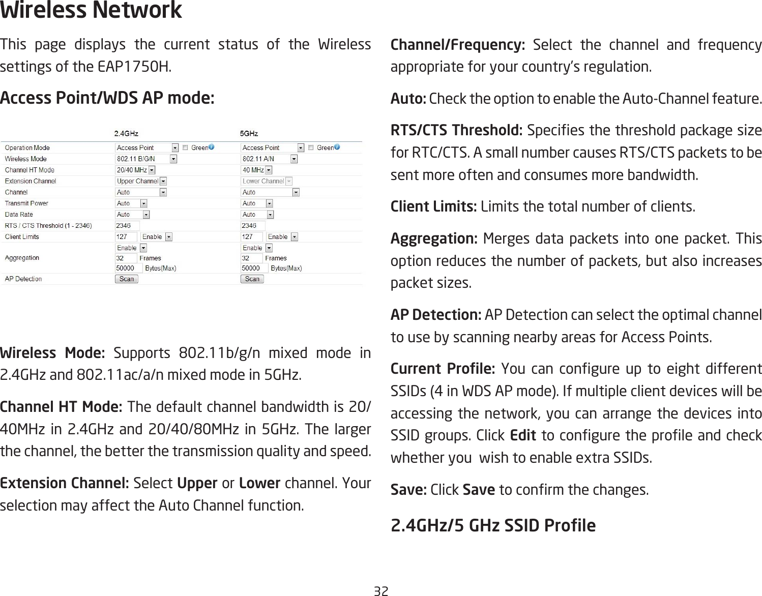 32This page displays the current status of the Wireless settings of the EAP1750H.Access Point/WDS AP mode: Wireless  Mode:  Supports 802.11b/g/n mixed mode in2.4GHzand802.11ac/a/nmixedmodein5GHz.Channel HT Mode: The default channel bandwidth is 20/ 40MHzin2.4GHz and 20/40/80MHz in 5GHz. The largerthe channel, the better the transmission quality and speed.Extension Channel: Select Upper or Lower channel. Your selection may affect the Auto Channel function.Channel/Frequency: Select the channel and frequency appropriate for your country’s regulation.Auto: Check the option to enable the Auto-Channel feature.RTS/CTS Threshold:Speciesthethresholdpackagesizefor RTC/CTS. A small number causes RTS/CTS packets to be sent more often and consumes more bandwidth.Client Limits: Limits the total number of clients.Aggregation: Merges data packets into one packet. This option reduces the number of packets, but also increases packet sizes.AP Detection: AP Detection can select the optimal channel to use by scanning nearby areas for Access Points.Current  Prole: You can congure up to eight differentSSIDs (4 in WDS AP mode). If multiple client devices will be accessing the network, you can arrange the devices into SSID groups. Click Edittoconguretheproleandcheckwhether you  wish to enable extra SSIDs.Save: Click Savetoconrmthechanges.2.4GHz/5 GHz SSID ProleWireless Network