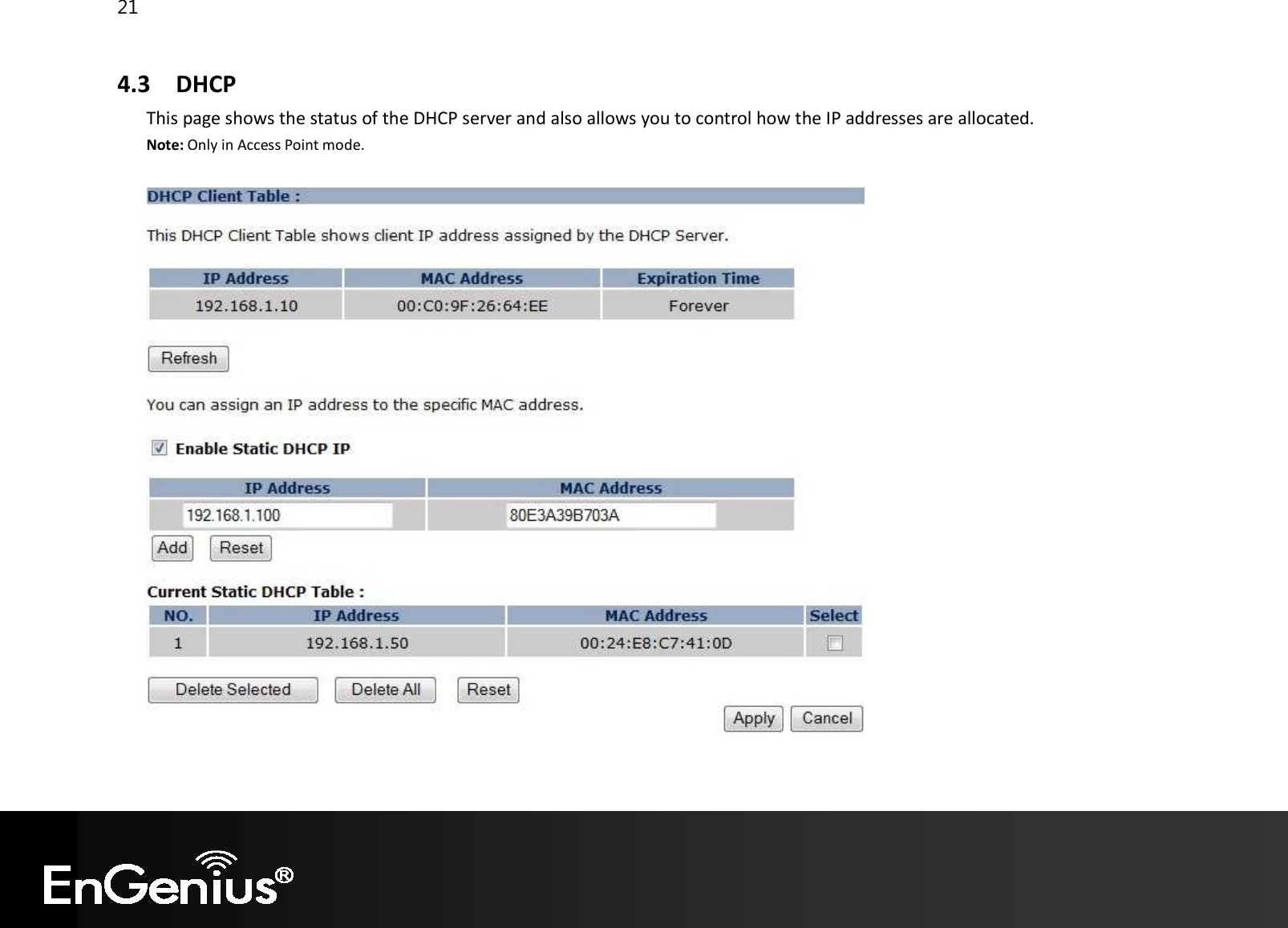 21  4.3 DHCP This page shows the status of the DHCP server and also allows you to control how the IP addresses are allocated. Note: Only in Access Point mode.     