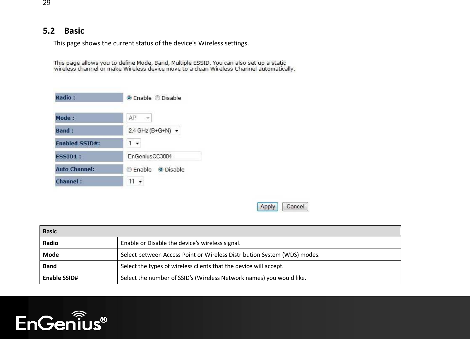 29  5.2 Basic  This page shows the current status of the device&apos;s Wireless settings.    Basic Radio Enable or Disable the device’s wireless signal. Mode Select between Access Point or Wireless Distribution System (WDS) modes. Band Select the types of wireless clients that the device will accept. Enable SSID# Select the number of SSID’s (Wireless Network names) you would like. 