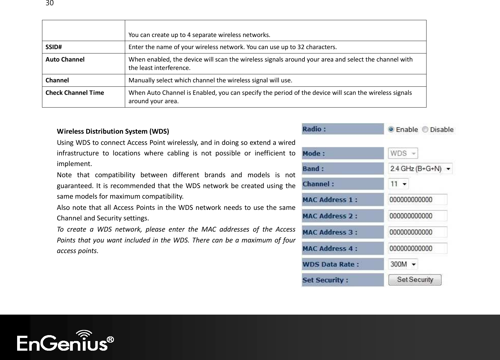 30   You can create up to 4 separate wireless networks. SSID# Enter the name of your wireless network. You can use up to 32 characters. Auto Channel When enabled, the device will scan the wireless signals around your area and select the channel with the least interference. Channel Manually select which channel the wireless signal will use. Check Channel Time When Auto Channel is Enabled, you can specify the period of the device will scan the wireless signals around your area.   Wireless Distribution System (WDS) Using WDS to connect Access Point wirelessly, and in doing so extend a wired infrastructure  to  locations  where  cabling  is  not  possible  or  inefficient  to implement. Note  that  compatibility  between  different  brands  and  models  is  not guaranteed. It is recommended that the WDS network be created using the same models for maximum compatibility. Also note that all Access Points in the WDS network needs to use the same Channel and Security settings. To  create  a  WDS  network,  please  enter  the  MAC  addresses  of  the  Access Points that you want included in the WDS. There can be a maximum of four access points.   