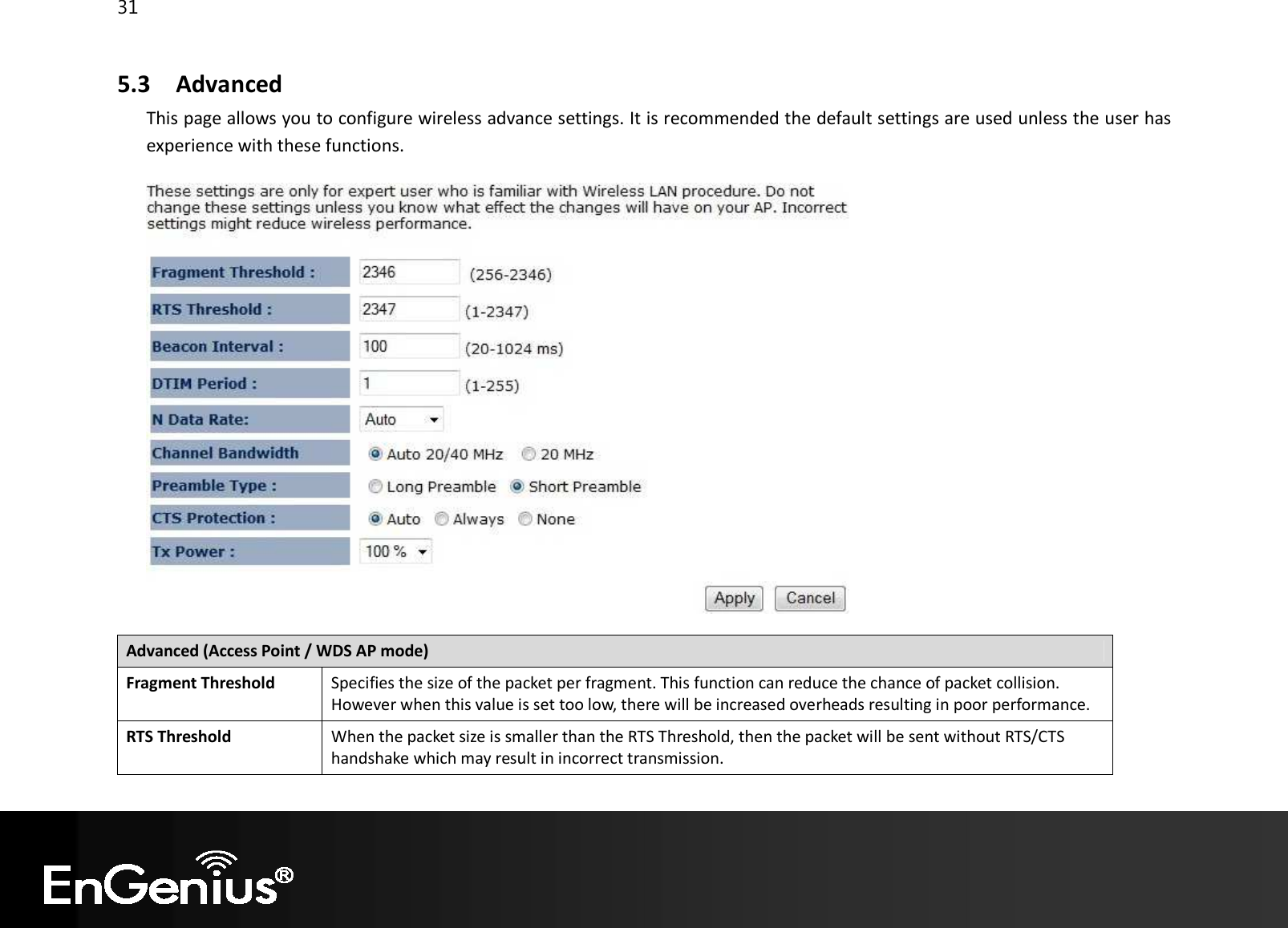 31  5.3 Advanced This page allows you to configure wireless advance settings. It is recommended the default settings are used unless the user has experience with these functions.    Advanced (Access Point / WDS AP mode) Fragment Threshold Specifies the size of the packet per fragment. This function can reduce the chance of packet collision. However when this value is set too low, there will be increased overheads resulting in poor performance. RTS Threshold When the packet size is smaller than the RTS Threshold, then the packet will be sent without RTS/CTS handshake which may result in incorrect transmission. 