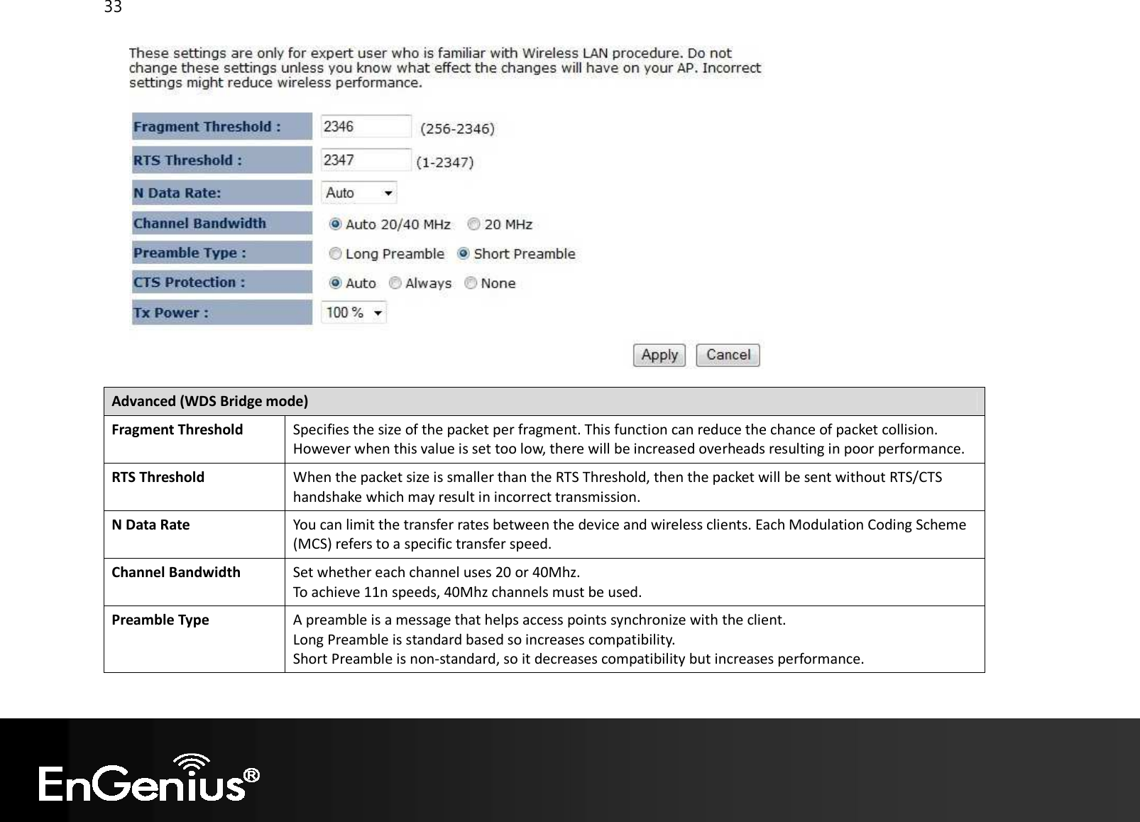 33    Advanced (WDS Bridge mode) Fragment Threshold Specifies the size of the packet per fragment. This function can reduce the chance of packet collision. However when this value is set too low, there will be increased overheads resulting in poor performance. RTS Threshold When the packet size is smaller than the RTS Threshold, then the packet will be sent without RTS/CTS handshake which may result in incorrect transmission. N Data Rate You can limit the transfer rates between the device and wireless clients. Each Modulation Coding Scheme (MCS) refers to a specific transfer speed. Channel Bandwidth Set whether each channel uses 20 or 40Mhz. To achieve 11n speeds, 40Mhz channels must be used. Preamble Type A preamble is a message that helps access points synchronize with the client. Long Preamble is standard based so increases compatibility. Short Preamble is non-standard, so it decreases compatibility but increases performance.  