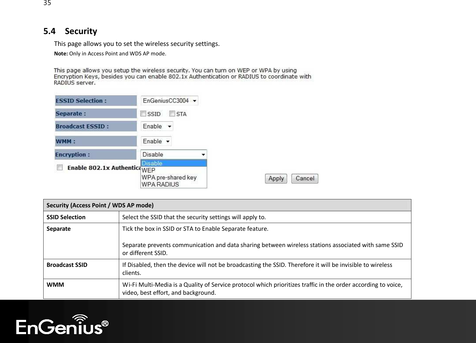 35  5.4 Security This page allows you to set the wireless security settings. Note: Only in Access Point and WDS AP mode.    Security (Access Point / WDS AP mode) SSID Selection Select the SSID that the security settings will apply to. Separate Tick the box in SSID or STA to Enable Separate feature.  Separate prevents communication and data sharing between wireless stations associated with same SSID or different SSID. Broadcast SSID If Disabled, then the device will not be broadcasting the SSID. Therefore it will be invisible to wireless clients. WMM Wi-Fi Multi-Media is a Quality of Service protocol which prioritizes traffic in the order according to voice, video, best effort, and background. 
