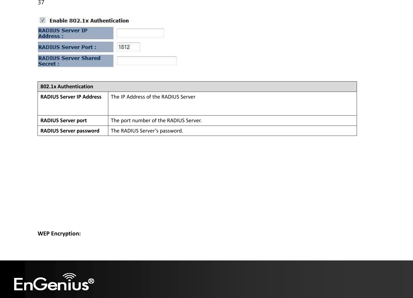 37     802.1x Authentication RADIUS Server IP Address The IP Address of the RADIUS Server RADIUS Server port The port number of the RADIUS Server. RADIUS Server password The RADIUS Server’s password.               WEP Encryption: 