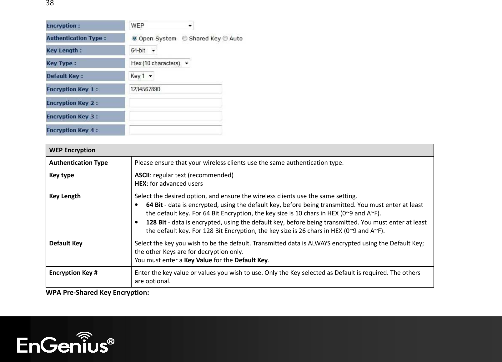 38    WEP Encryption Authentication Type Please ensure that your wireless clients use the same authentication type. Key type ASCII: regular text (recommended) HEX: for advanced users Key Length Select the desired option, and ensure the wireless clients use the same setting. • 64 Bit - data is encrypted, using the default key, before being transmitted. You must enter at least the default key. For 64 Bit Encryption, the key size is 10 chars in HEX (0~9 and A~F). • 128 Bit - data is encrypted, using the default key, before being transmitted. You must enter at least the default key. For 128 Bit Encryption, the key size is 26 chars in HEX (0~9 and A~F). Default Key Select the key you wish to be the default. Transmitted data is ALWAYS encrypted using the Default Key; the other Keys are for decryption only.  You must enter a Key Value for the Default Key. Encryption Key # Enter the key value or values you wish to use. Only the Key selected as Default is required. The others are optional. WPA Pre-Shared Key Encryption: 