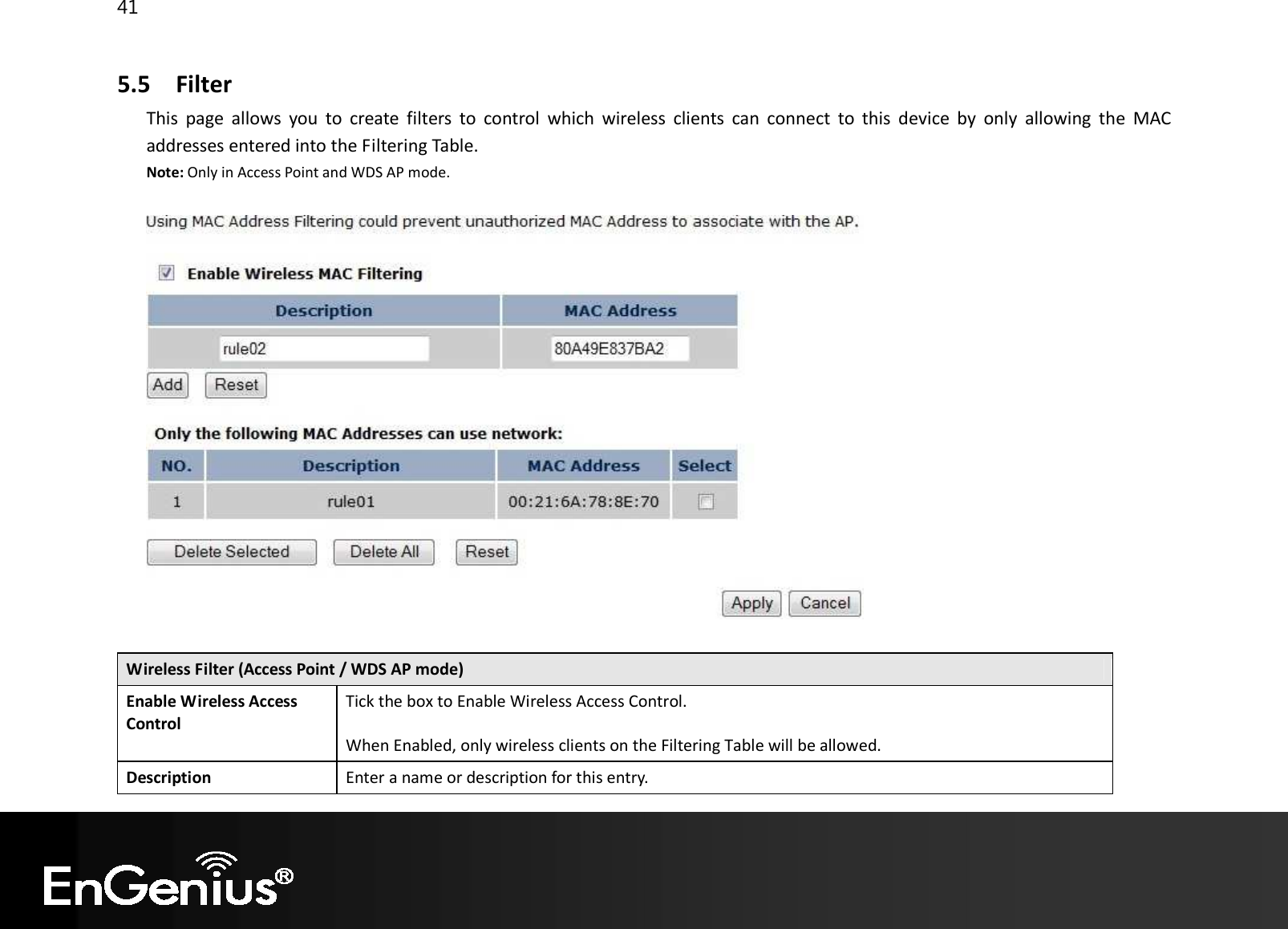 41  5.5 Filter This  page  allows  you  to  create  filters  to  control  which  wireless  clients  can  connect  to  this  device  by  only  allowing  the  MAC addresses entered into the Filtering Table. Note: Only in Access Point and WDS AP mode.    Wireless Filter (Access Point / WDS AP mode) Enable Wireless Access Control Tick the box to Enable Wireless Access Control.  When Enabled, only wireless clients on the Filtering Table will be allowed. Description Enter a name or description for this entry. 