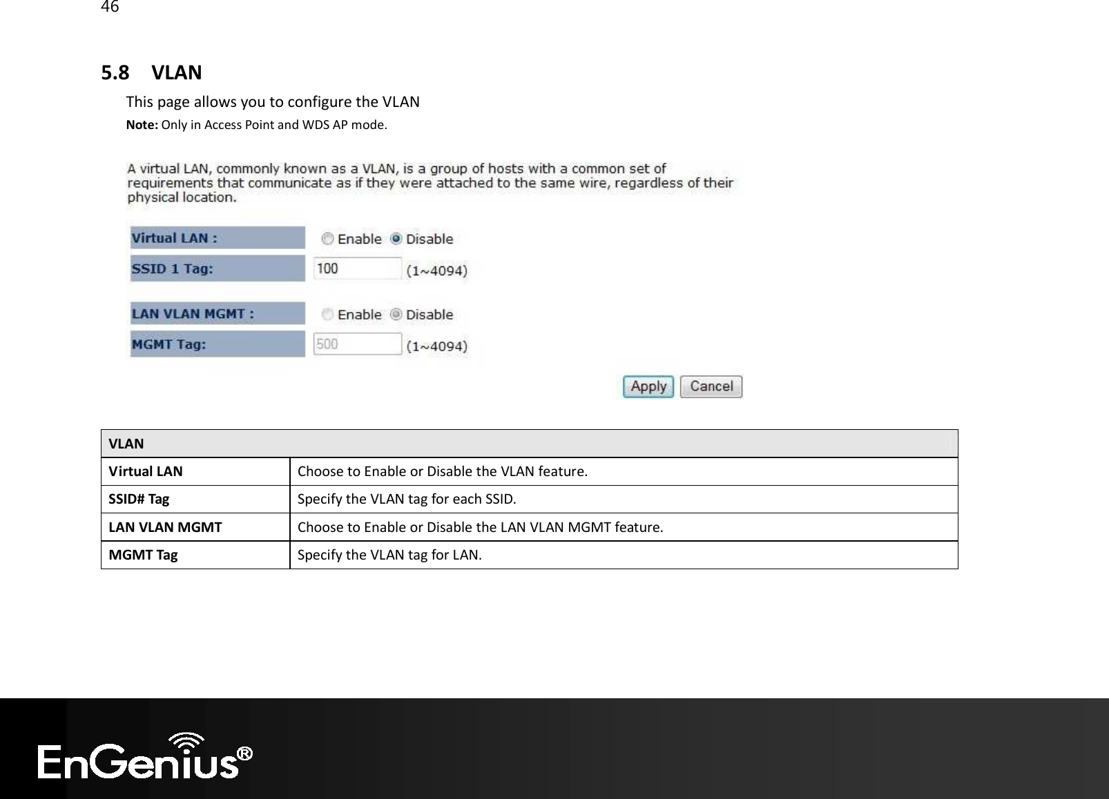 46  5.8 VLAN This page allows you to configure the VLAN Note: Only in Access Point and WDS AP mode.    VLAN Virtual LAN Choose to Enable or Disable the VLAN feature. SSID# Tag Specify the VLAN tag for each SSID. LAN VLAN MGMT Choose to Enable or Disable the LAN VLAN MGMT feature. MGMT Tag Specify the VLAN tag for LAN.    