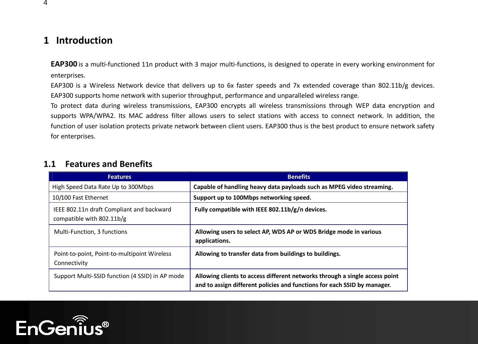 4  1 Introduction  EAP300 is a multi-functioned 11n product with 3 major multi-functions, is designed to operate in every working environment for enterprises.  EAP300  is  a  Wireless  Network  device  that  delivers  up  to  6x  faster  speeds  and  7x  extended  coverage  than  802.11b/g  devices.  EAP300 supports home network with superior throughput, performance and unparalleled wireless range.  To  protect  data  during  wireless  transmissions,  EAP300  encrypts  all  wireless  transmissions  through  WEP  data  encryption  and supports  WPA/WPA2.  Its  MAC  address  filter  allows  users  to  select  stations  with  access  to  connect  network.  In  addition,  the function of user isolation protects private network between client users. EAP300 thus is the best product to ensure network safety for enterprises.  1.1 Features and Benefits Features  Benefits High Speed Data Rate Up to 300Mbps  Capable of handling heavy data payloads such as MPEG video streaming. 10/100 Fast Ethernet  Support up to 100Mbps networking speed. IEEE 802.11n draft Compliant and backward compatible with 802.11b/g Fully compatible with IEEE 802.11b/g/n devices. Multi-Function, 3 functions  Allowing users to select AP, WDS AP or WDS Bridge mode in various applications. Point-to-point, Point-to-multipoint Wireless Connectivity Allowing to transfer data from buildings to buildings. Support Multi-SSID function (4 SSID) in AP mode  Allowing clients to access different networks through a single access point and to assign different policies and functions for each SSID by manager. 