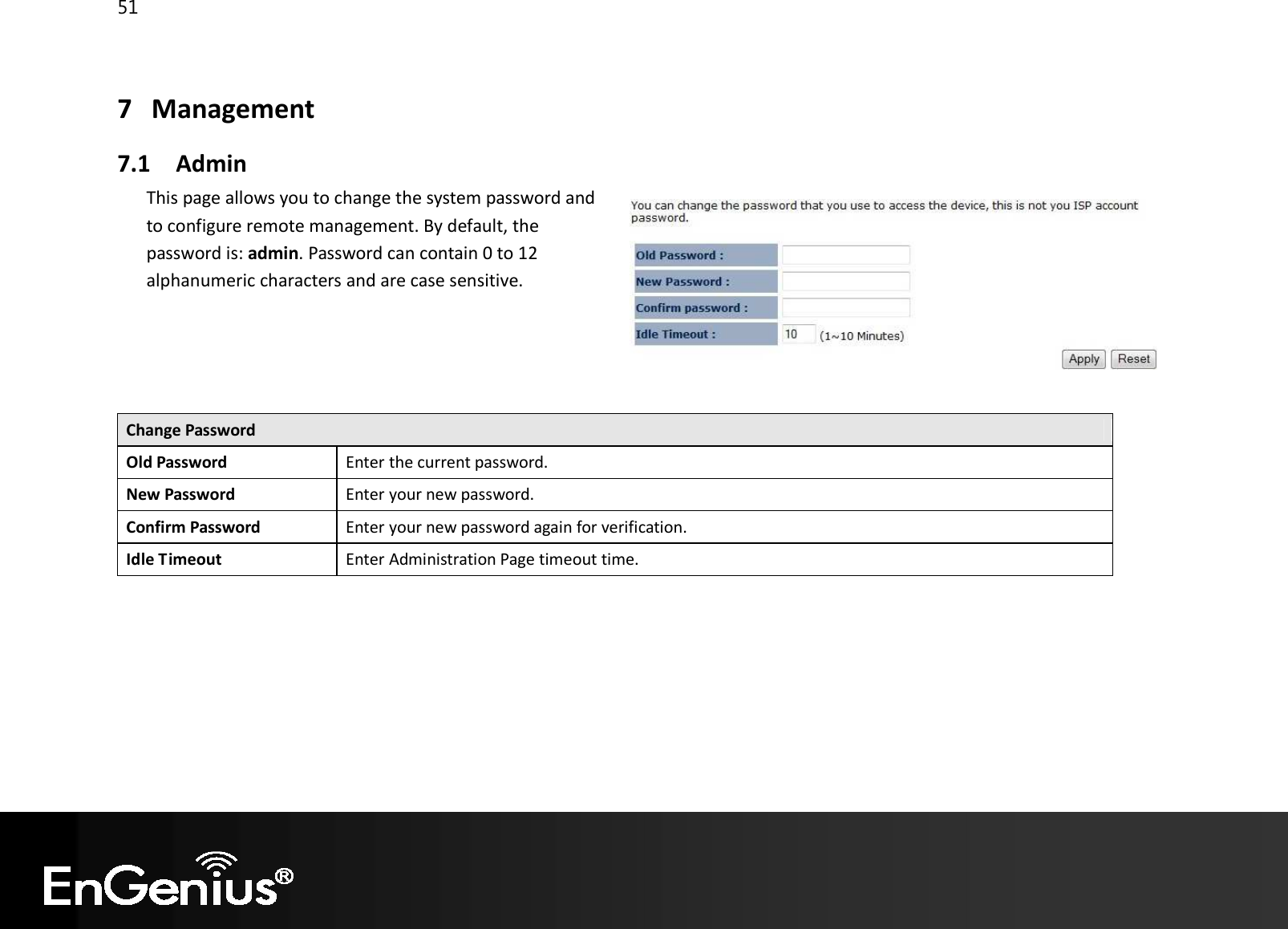 51  7 Management  7.1 Admin This page allows you to change the system password and to configure remote management. By default, the password is: admin. Password can contain 0 to 12 alphanumeric characters and are case sensitive.     Change Password Old Password Enter the current password. New Password Enter your new password. Confirm Password Enter your new password again for verification. Idle Timeout Enter Administration Page timeout time.  