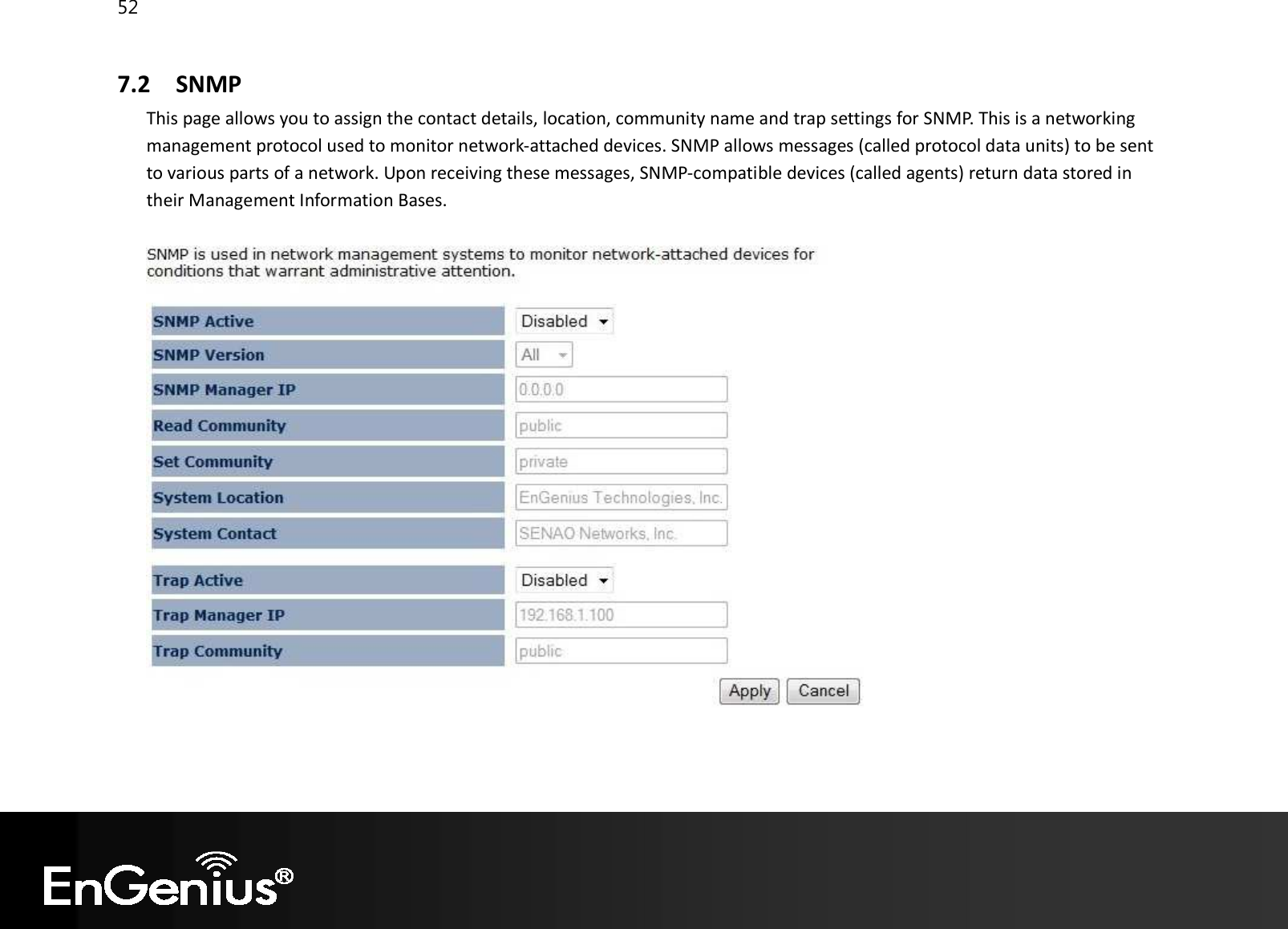 52  7.2 SNMP This page allows you to assign the contact details, location, community name and trap settings for SNMP. This is a networking management protocol used to monitor network-attached devices. SNMP allows messages (called protocol data units) to be sent to various parts of a network. Upon receiving these messages, SNMP-compatible devices (called agents) return data stored in their Management Information Bases.       