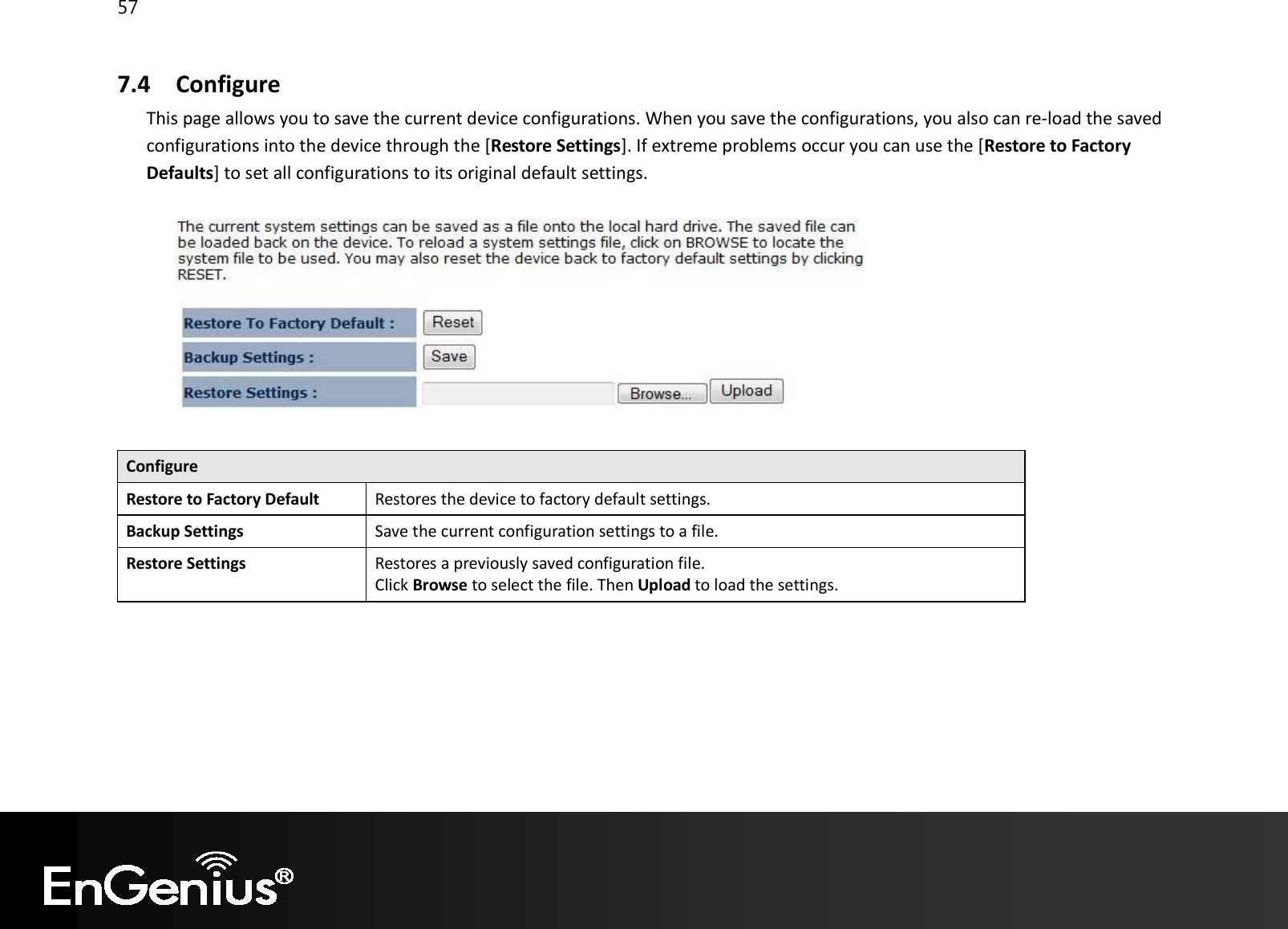 57  7.4 Configure This page allows you to save the current device configurations. When you save the configurations, you also can re-load the saved configurations into the device through the [Restore Settings]. If extreme problems occur you can use the [Restore to Factory Defaults] to set all configurations to its original default settings.     Configure Restore to Factory Default Restores the device to factory default settings. Backup Settings Save the current configuration settings to a file. Restore Settings Restores a previously saved configuration file. Click Browse to select the file. Then Upload to load the settings.   