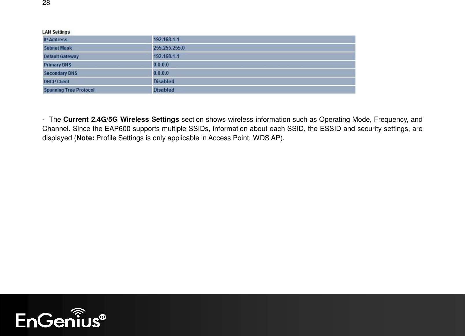 28      -  The Current 2.4G/5G Wireless Settings section shows wireless information such as Operating Mode, Frequency, and Channel. Since the EAP600 supports multiple-SSIDs, information about each SSID, the ESSID and security settings, are displayed (Note: Profile Settings is only applicable in Access Point, WDS AP). 